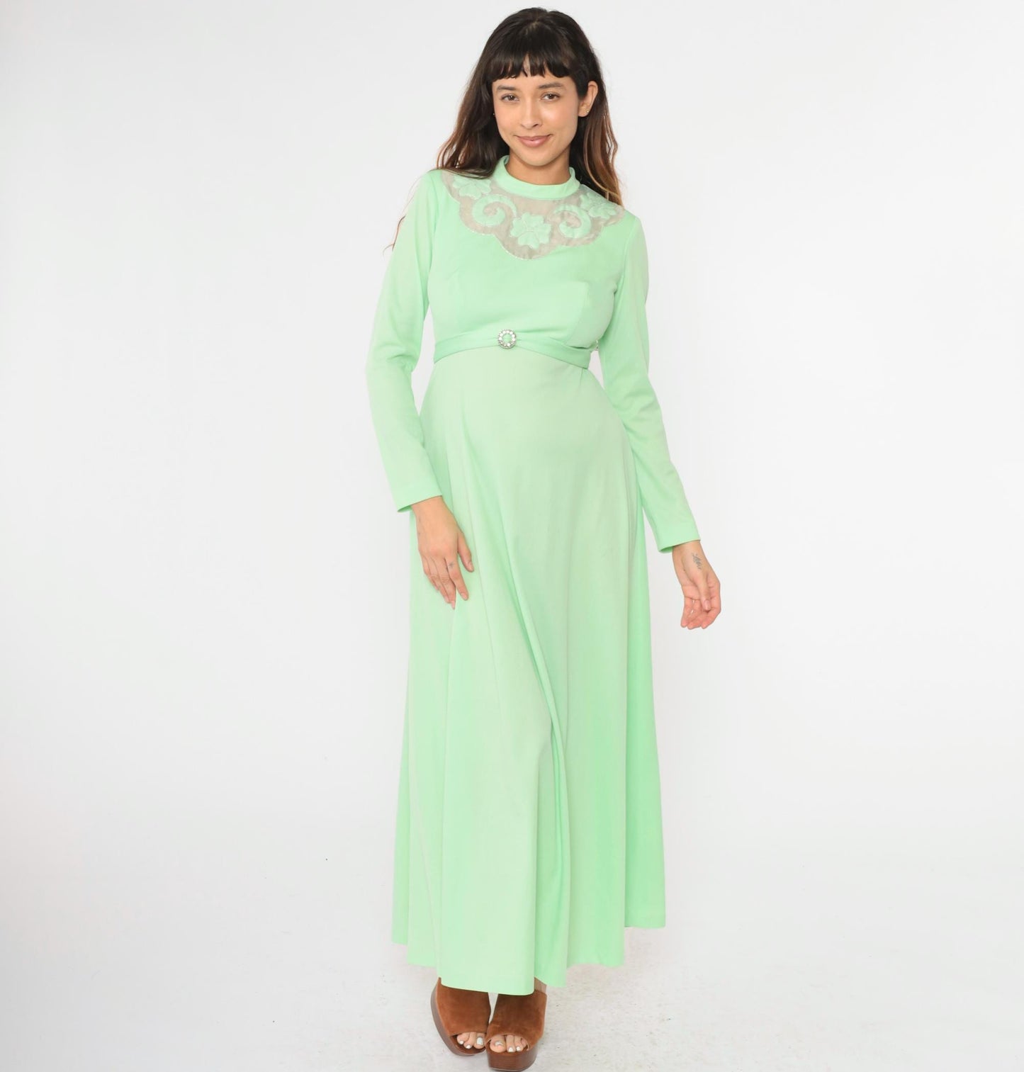 70s Mint Green Maxi Dress Embroidered Mesh Yoke Rhinestone Buckle Small