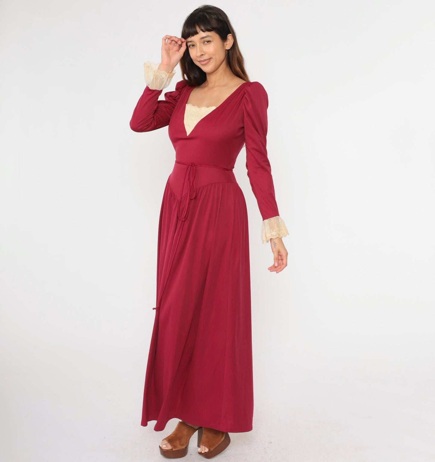 70s Bianchi Raspberry Maxi Dress Puff Sleeve Lace Trim High Waist Small