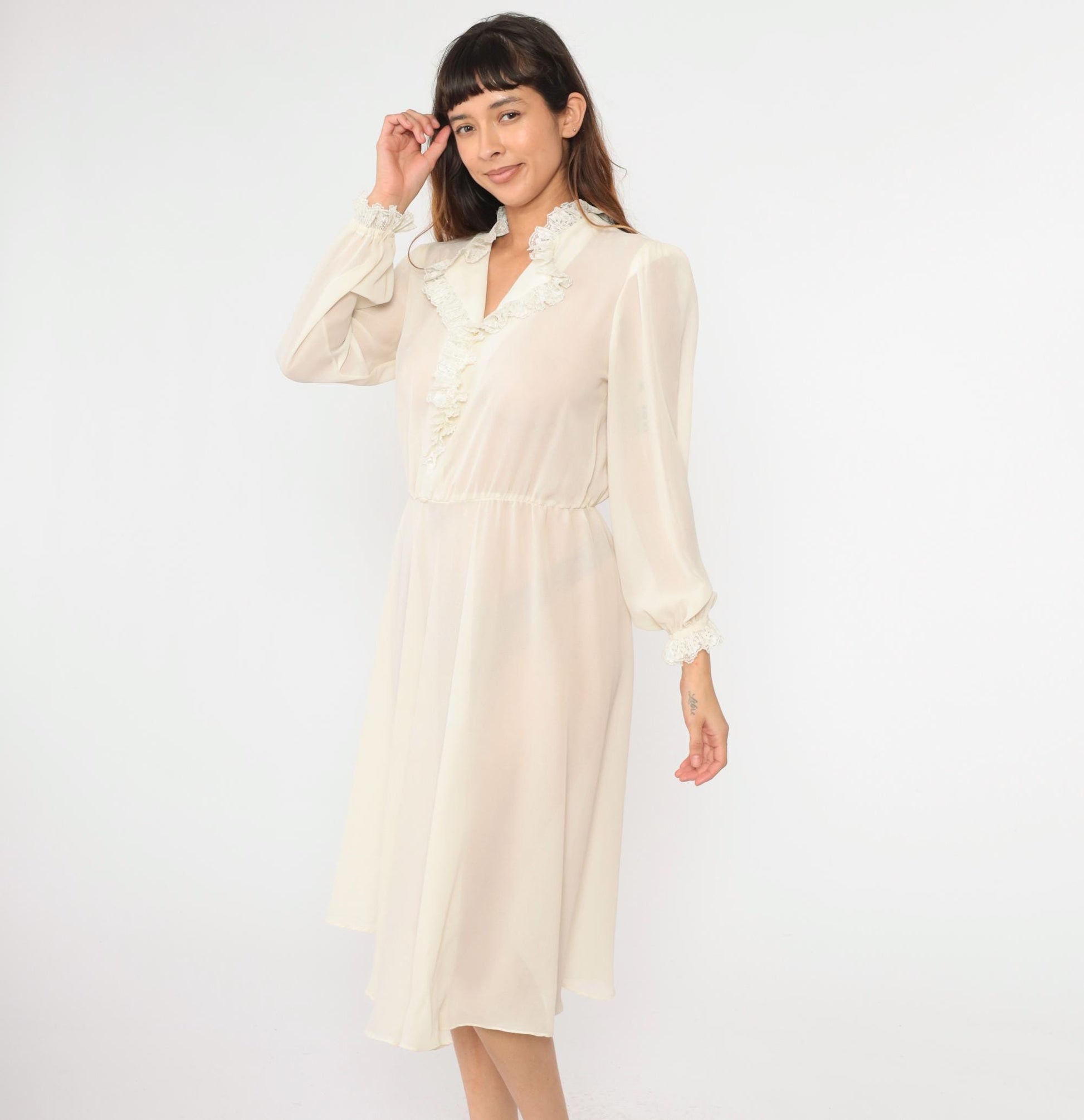 70s White Sheer Midi Dress Pearl Buttons Puff Sleeves High Waist Medium Large