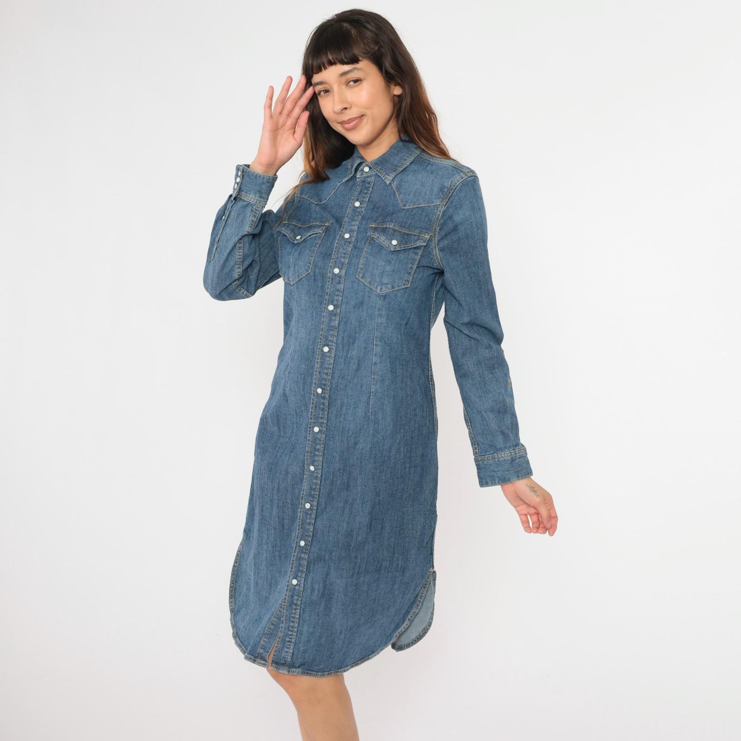 00s Reba Denim Midi Dress Pearl Snap Button-Up Sheath Blue Cotton Medium