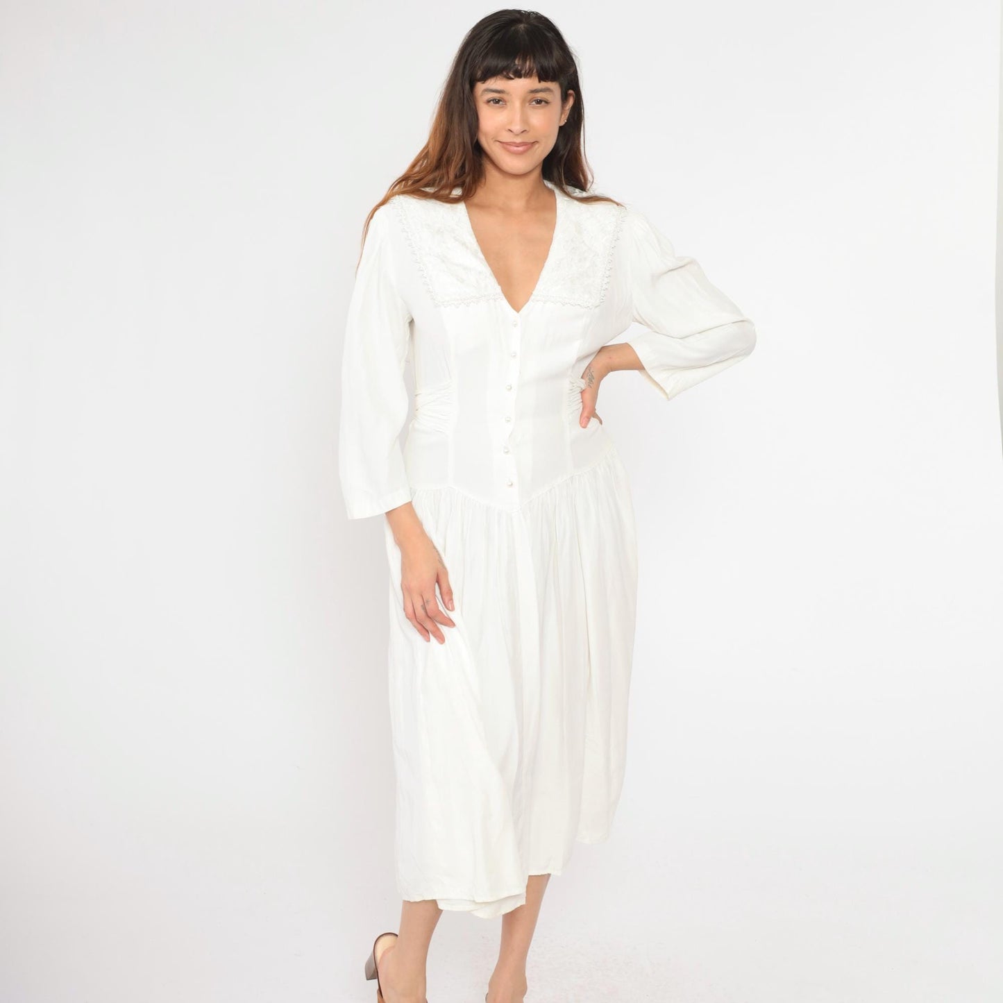 80s Jody California White Midi Dress Sailor Collar Button-Up Puff Sleeve Medium