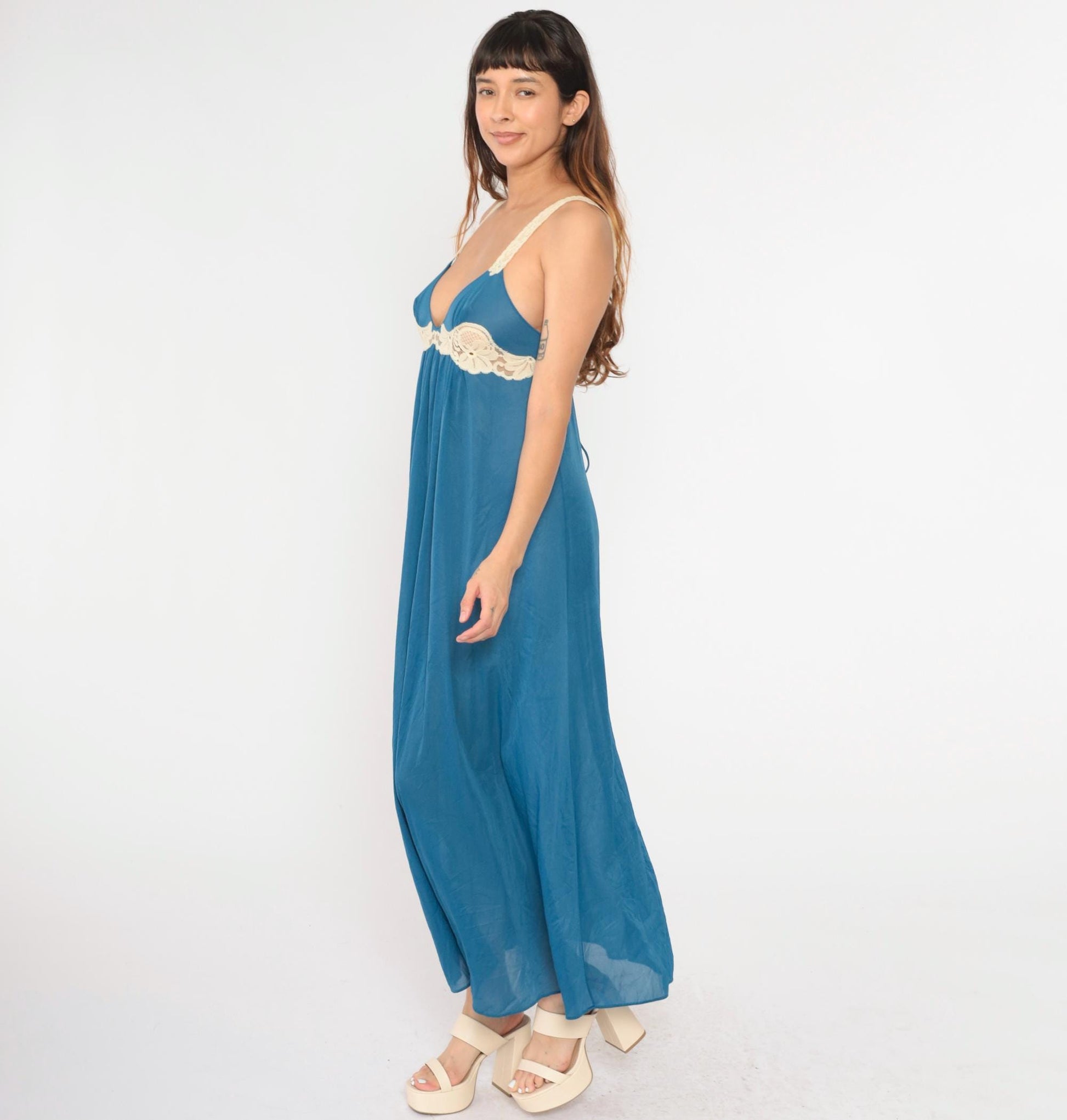 70s Kayser Blue Nylon Nightgown Cream Lace Trim Maxi Empire Waist Medium