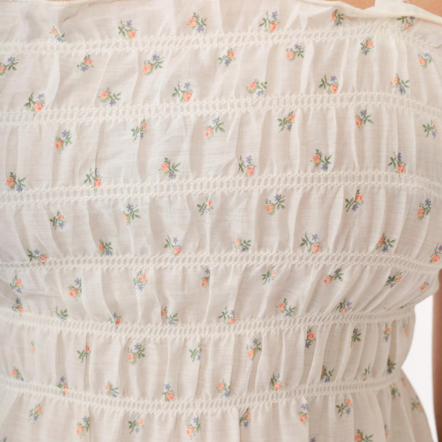 70s Floral Calico Sundress White Smocked Spaghetti Strap Midi Small