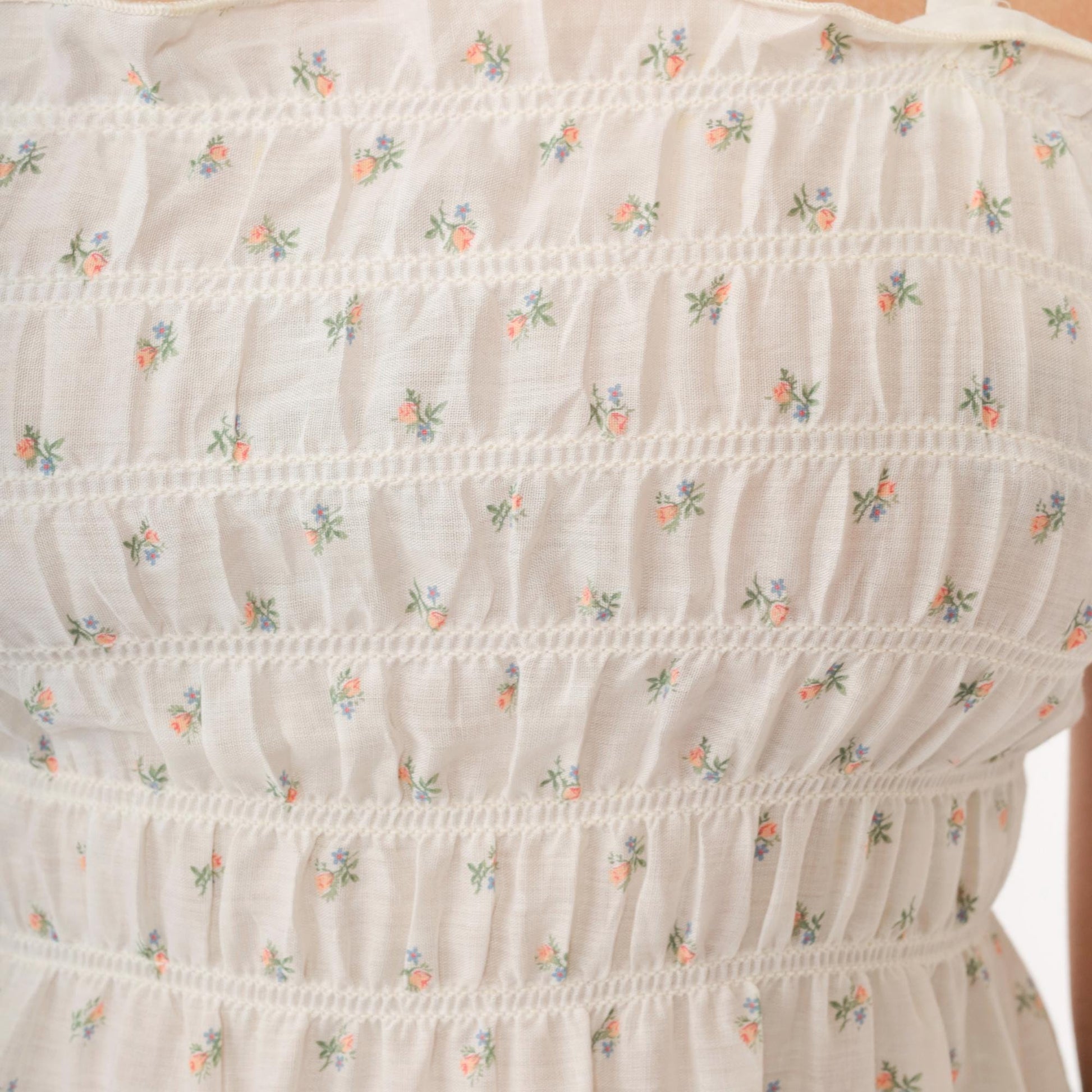 70s Floral Calico Sundress White Smocked Spaghetti Strap Midi Small