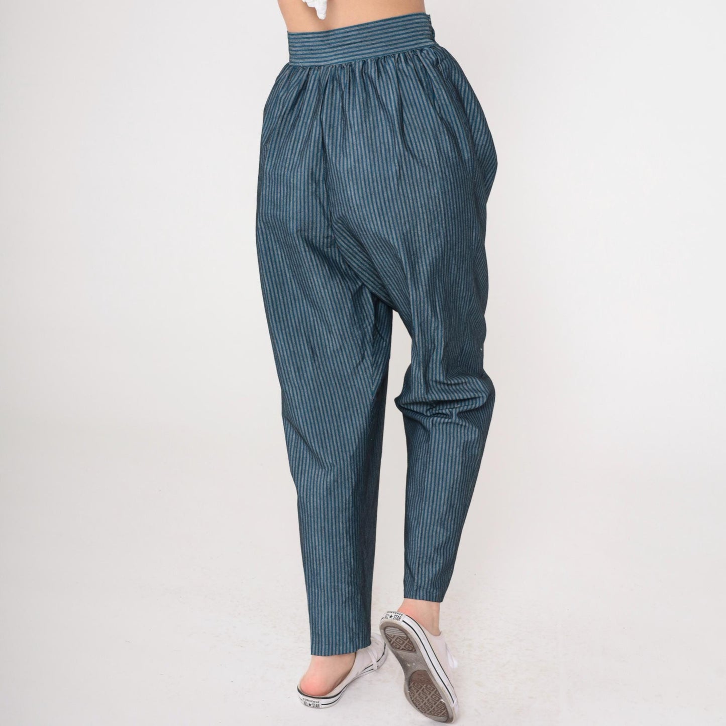 80s Parachute Pants Blue Grey Pinstripe High Waist Pleated Tapered Small