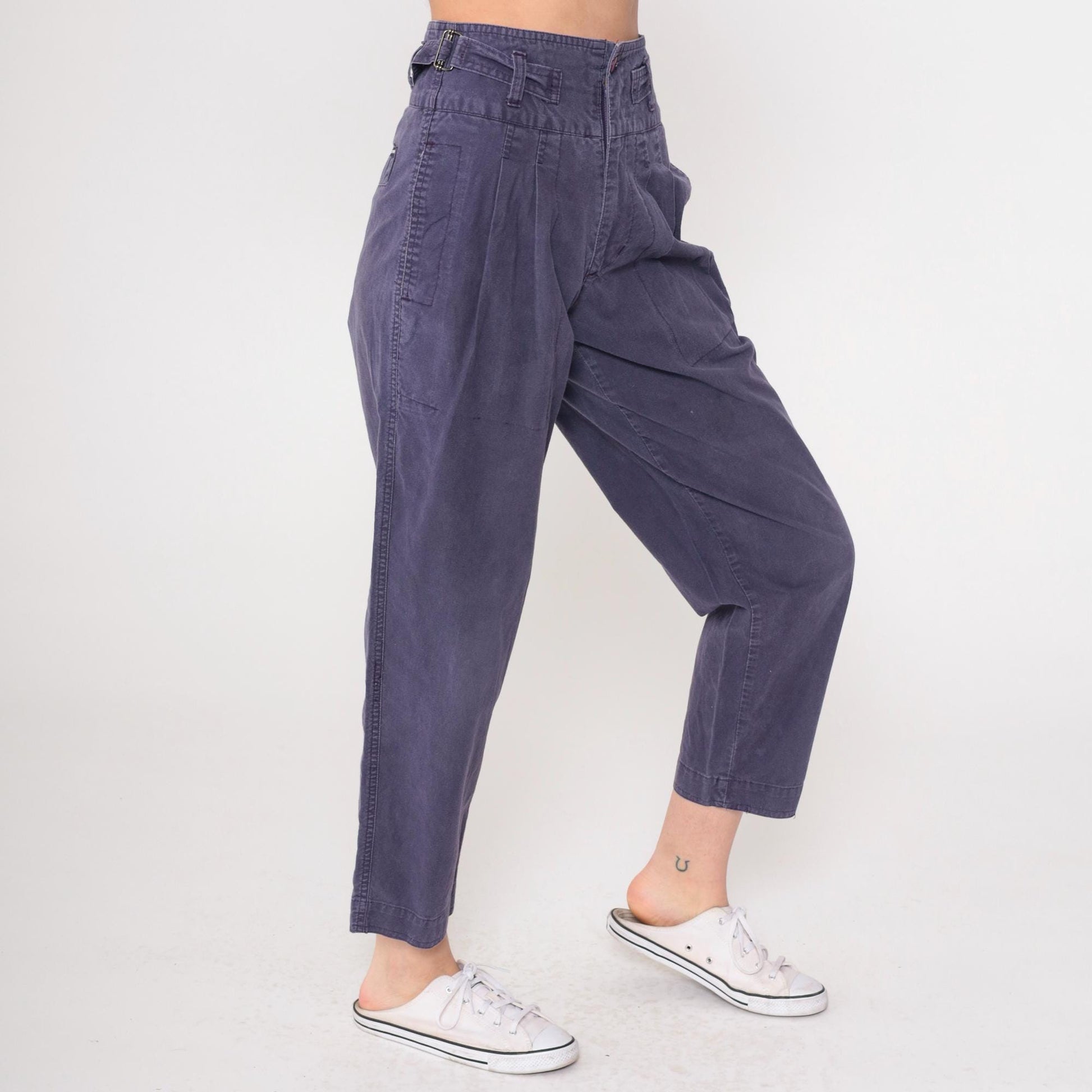 80s Purple High-Waisted Pleated Tapered Trousers Cotton Small 7