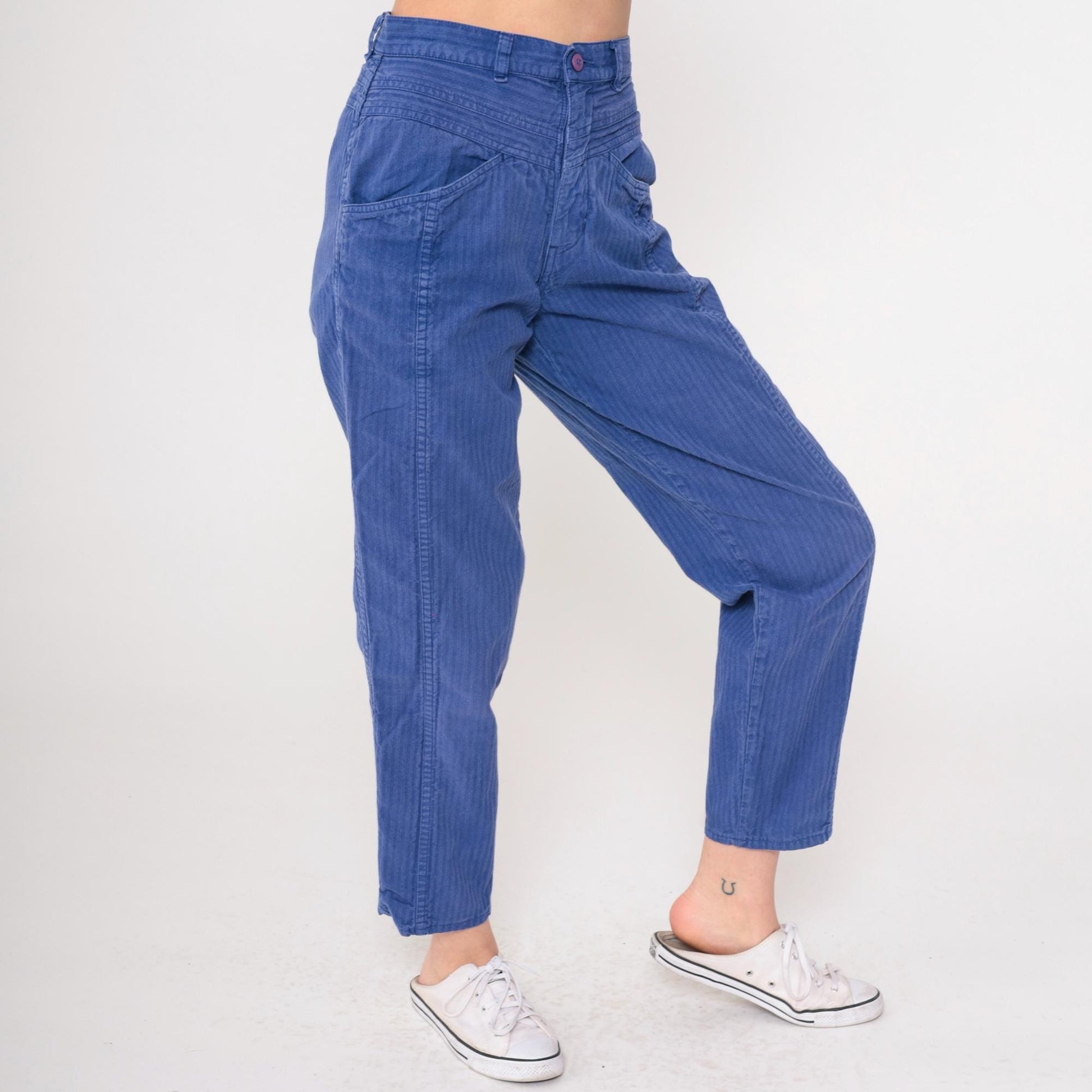 90s Blue Pinstriped High-Waist Tapered Pants Cotton Small