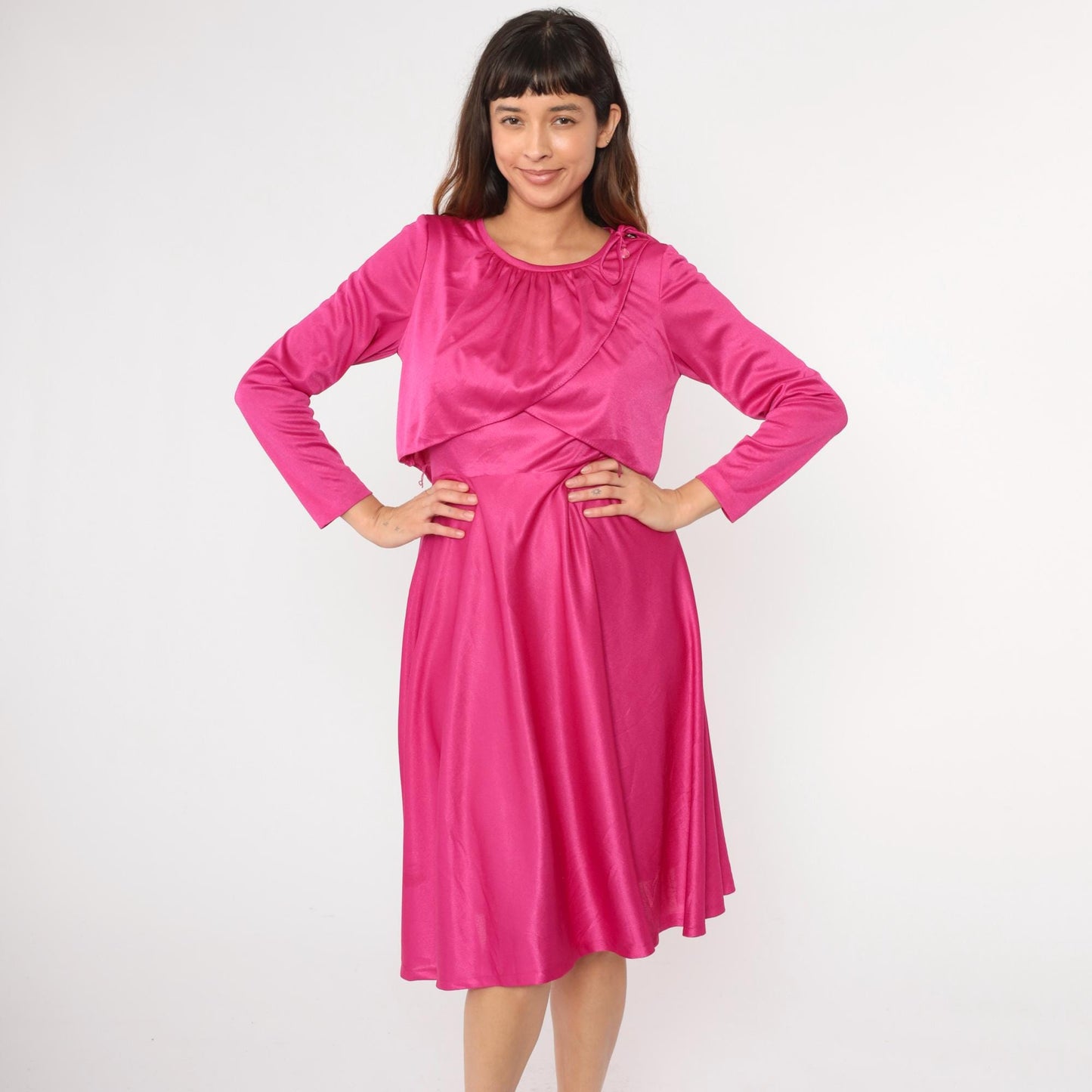 70s Fuchsia Grecian Draped Midi Dress Tie Shoulder Long Sleeve Small