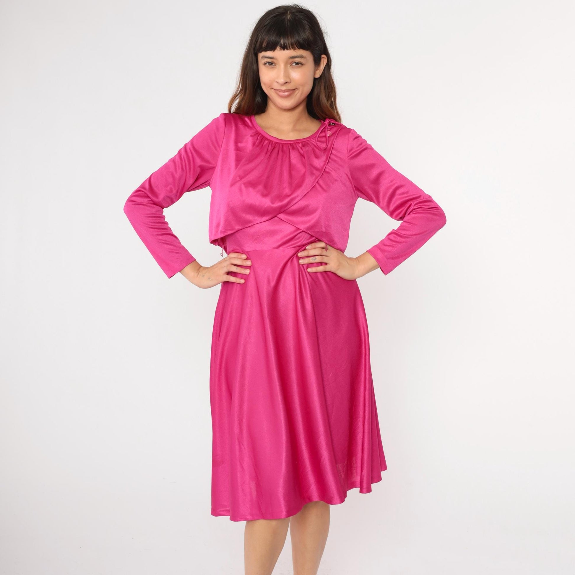 70s Fuchsia Grecian Draped Midi Dress Tie Shoulder Long Sleeve Small