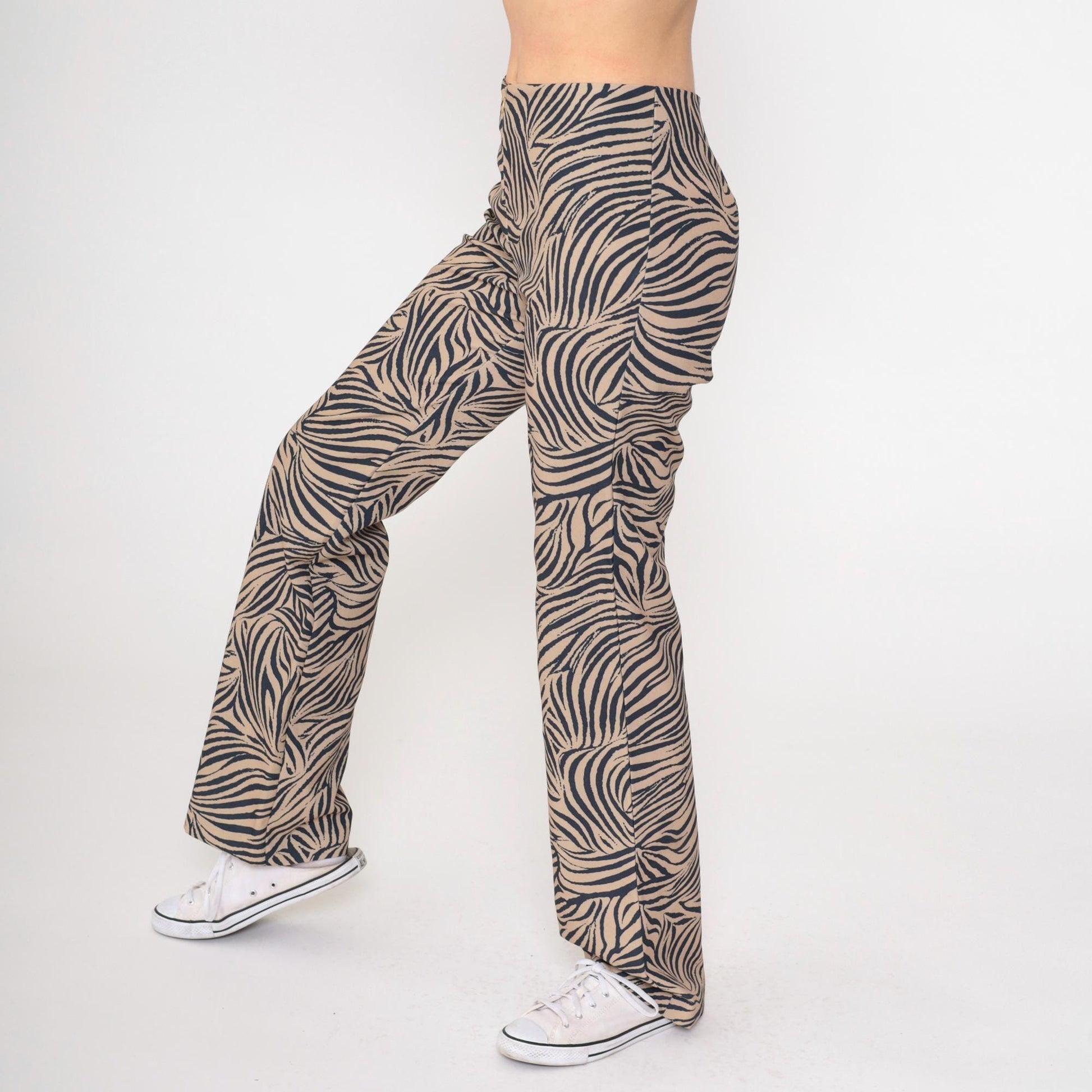 Y2K Zebra Stripe Flared Pants Black Tan Mid Rise Front Zip Medium 9