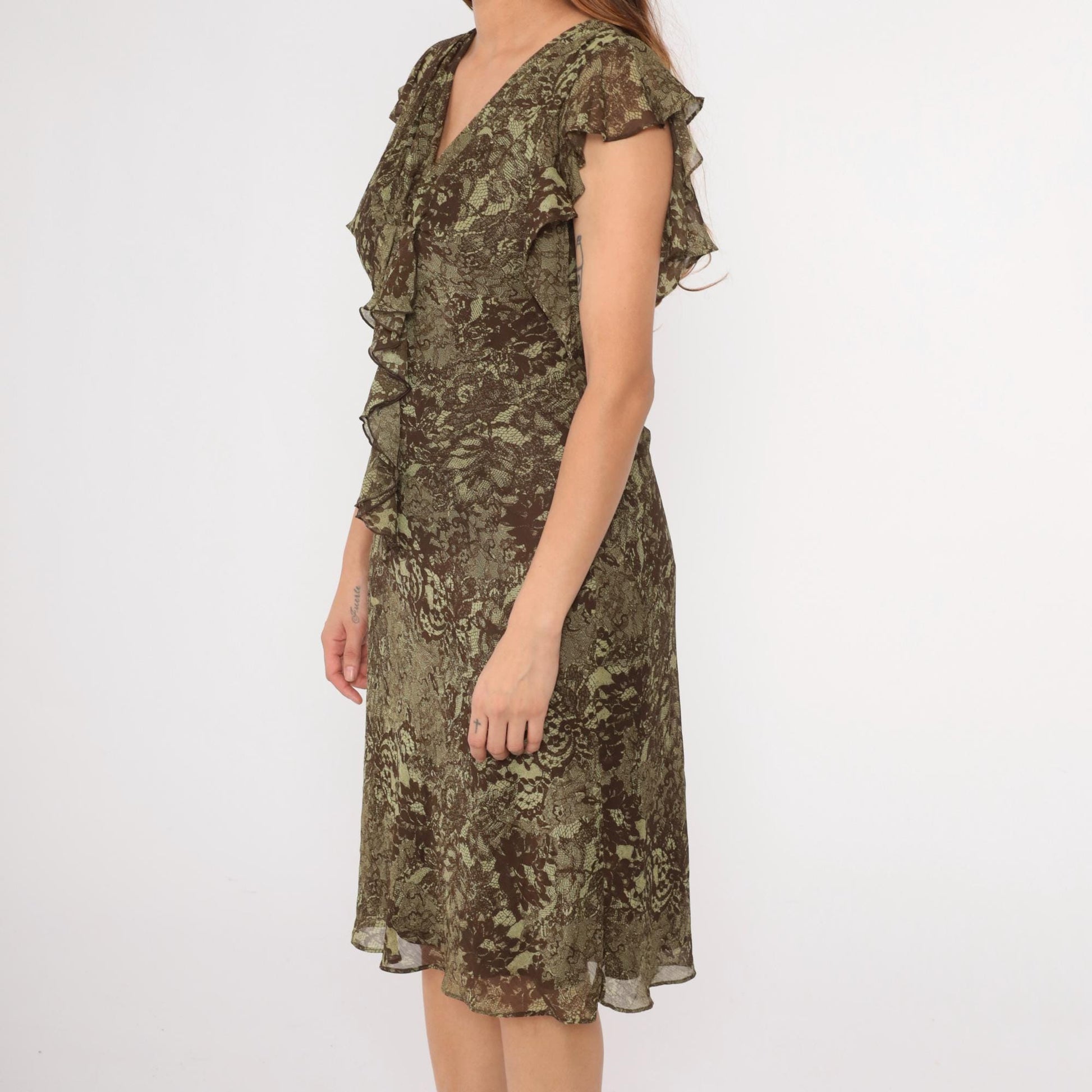 Y2K Floral Chiffon Midi Dress Brown Green Empire Waist V-Neck Small 6