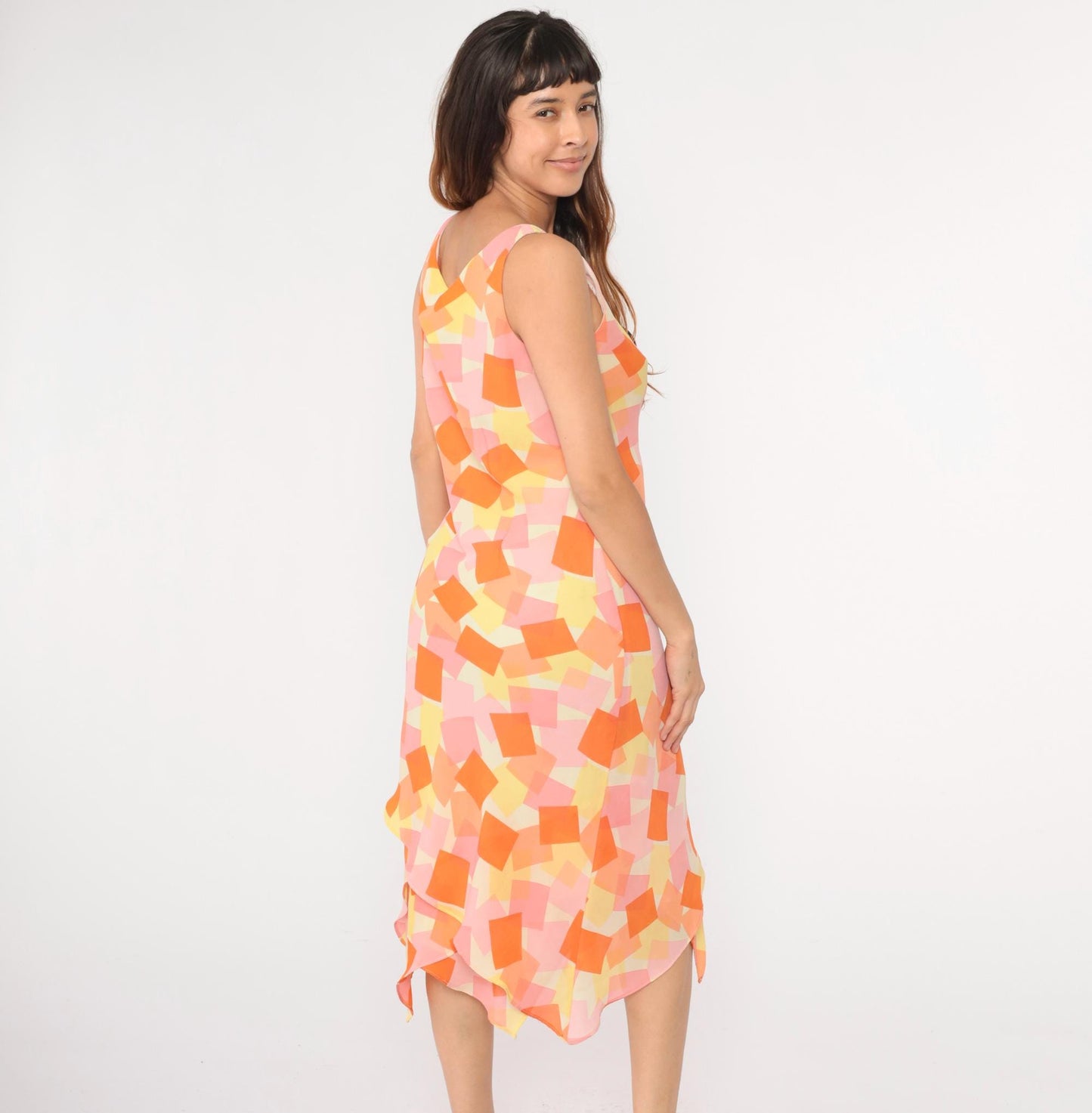 Y2K Geometric Asymmetrical Hanky Hem Shift Dress Orange Pink Yellow Large 12