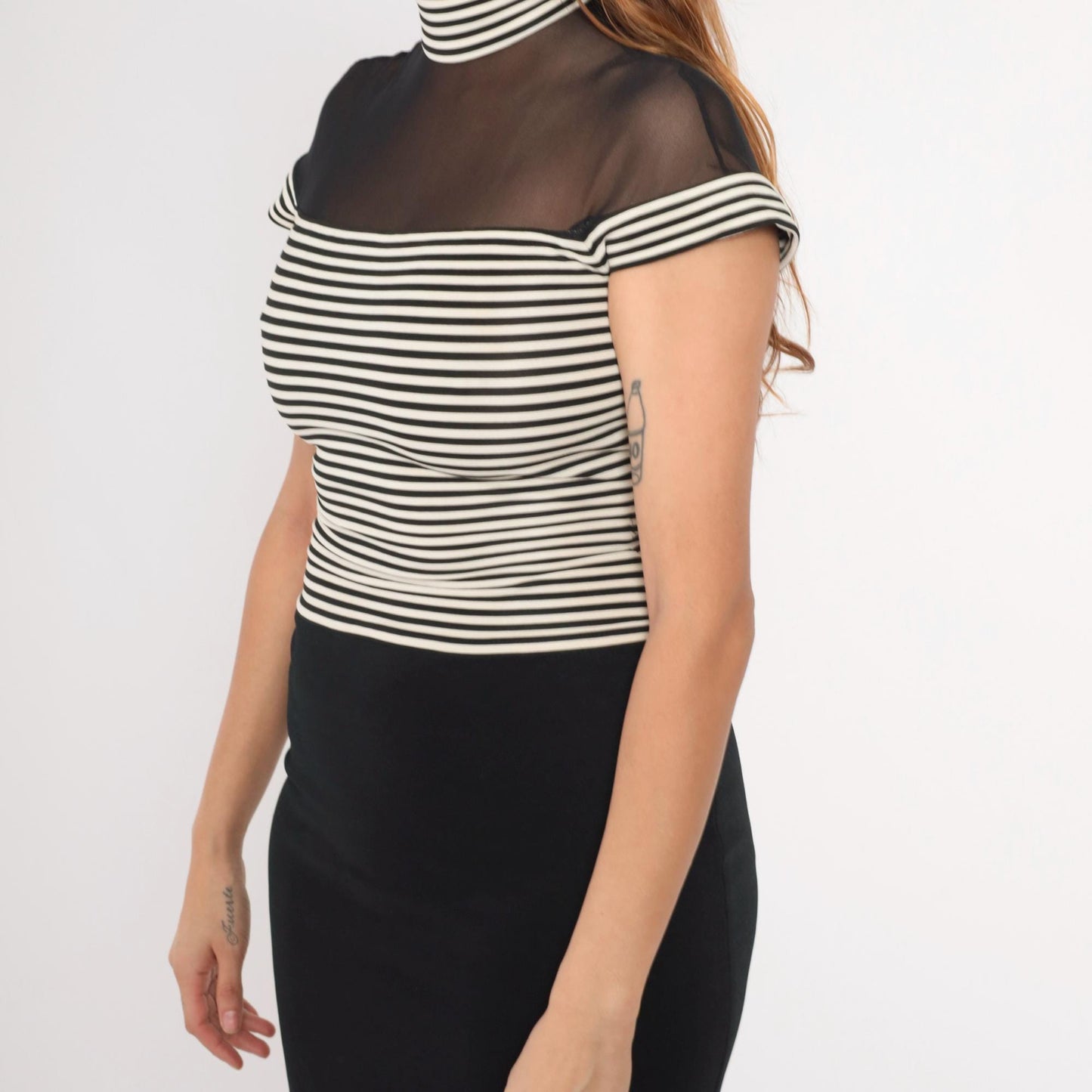 90s Susan Rosalli Bodycon Maxi Dress Black White Striped Mesh Mock Neck Small 4