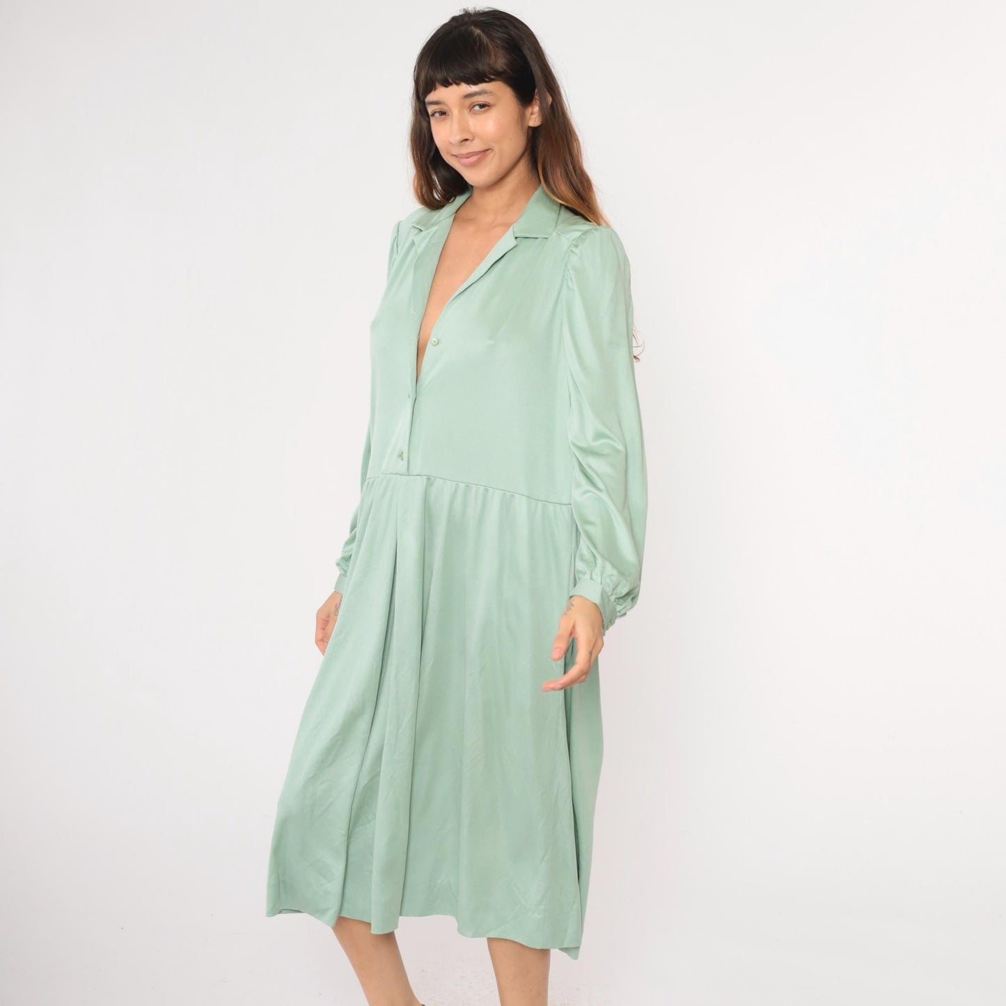 70s Light Green Midi Shirtdress Button-Up High Waisted Collared Long Sleeve Extra Large