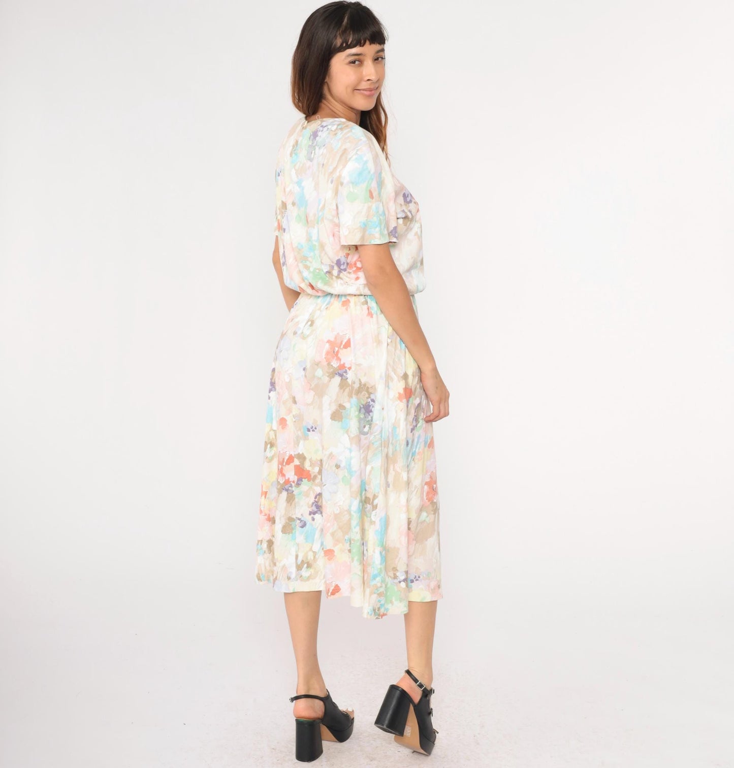 80s Watercolor Floral Midi Dress High Waist Blouson Pink Brown Blue Large