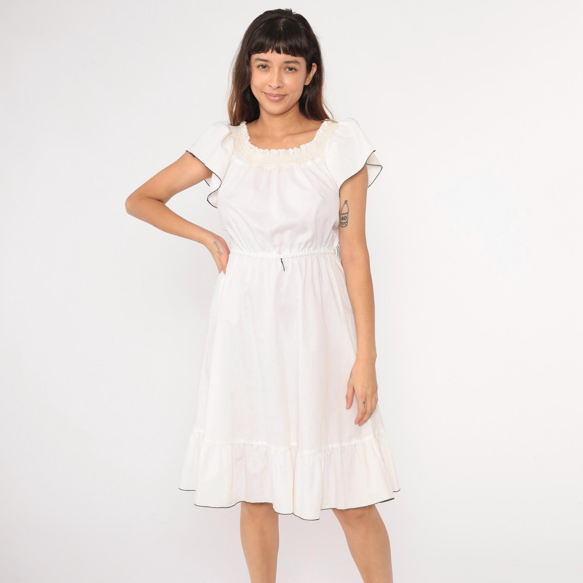 80s White Peasant Dress Smocked Neckline Flutter Sleeve Midi Medium