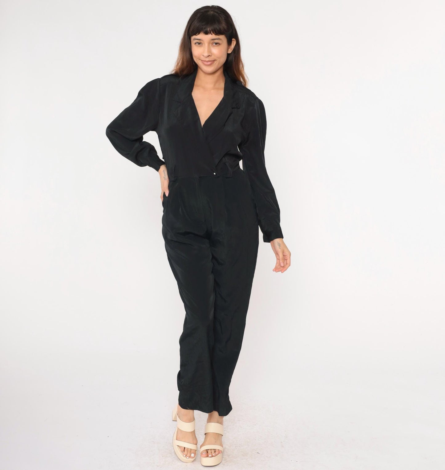 90s Black Jumpsuit V-Neck Wrap High Waisted Straight Leg Long Sleeve Small
