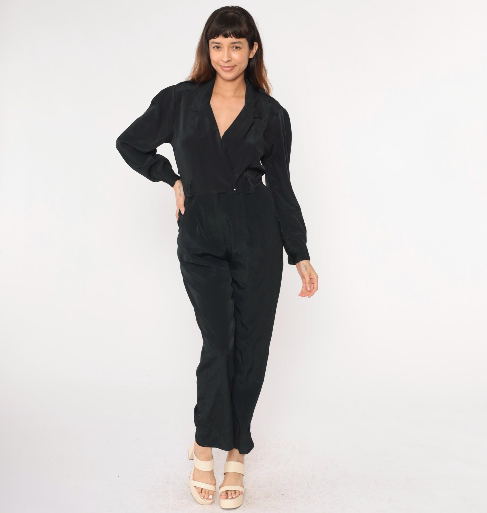90s Black Jumpsuit V-Neck Wrap High Waisted Straight Leg Long Sleeve Small