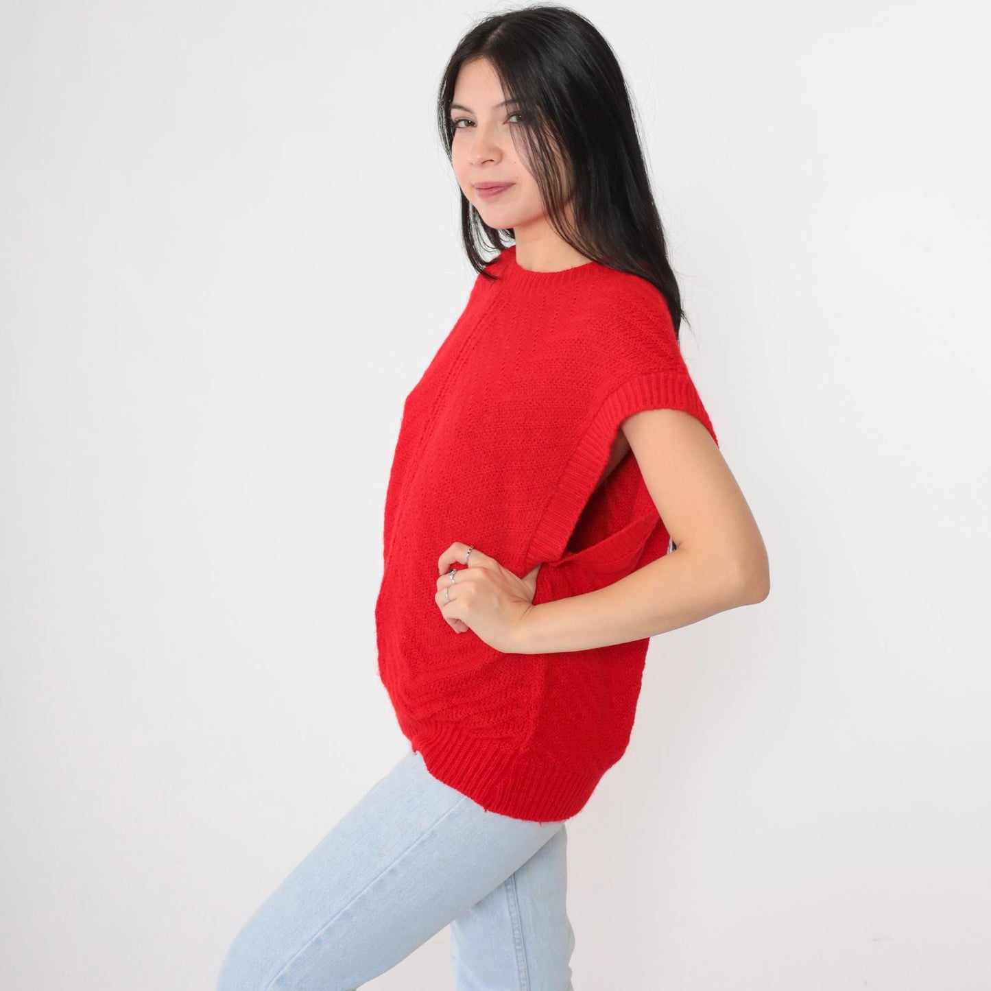80s Fortune Knits Red Chevron Knit Top Cap Sleeve Medium