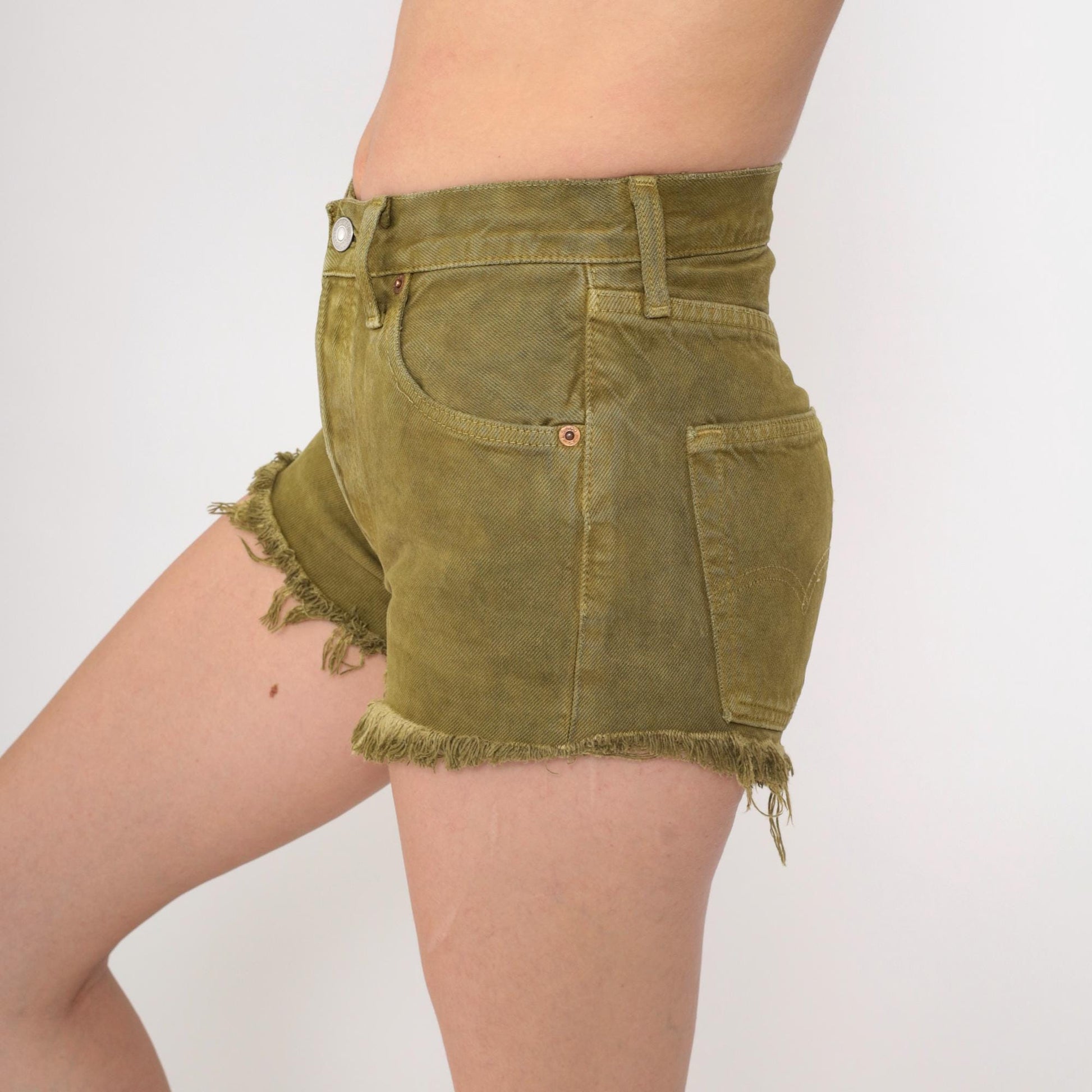 90s Levi's 501 Olive Denim Cutoff Shorts High Waist Frayed Extra Small