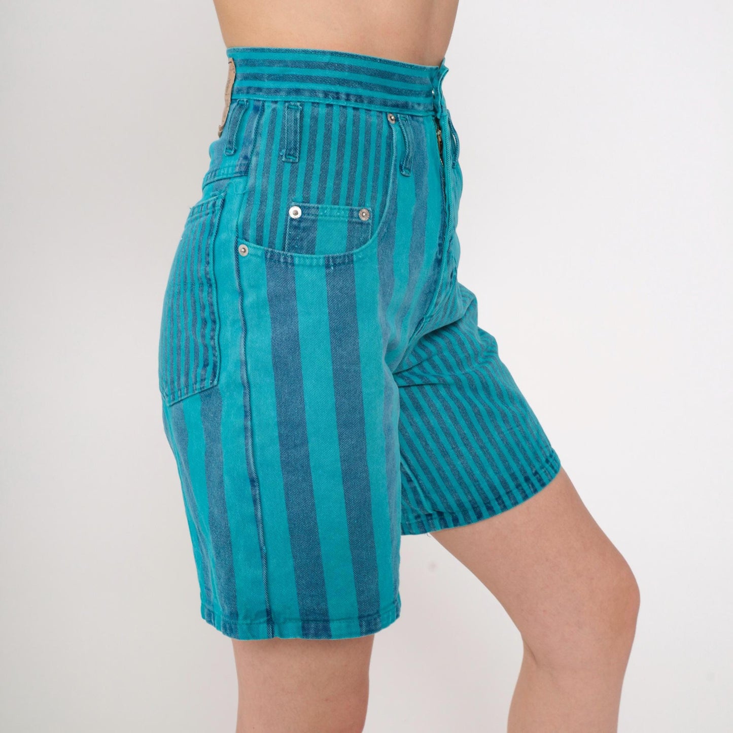90s Swagger Jeans Striped Denim Shorts High Rise Turquoise Blue Extra Small