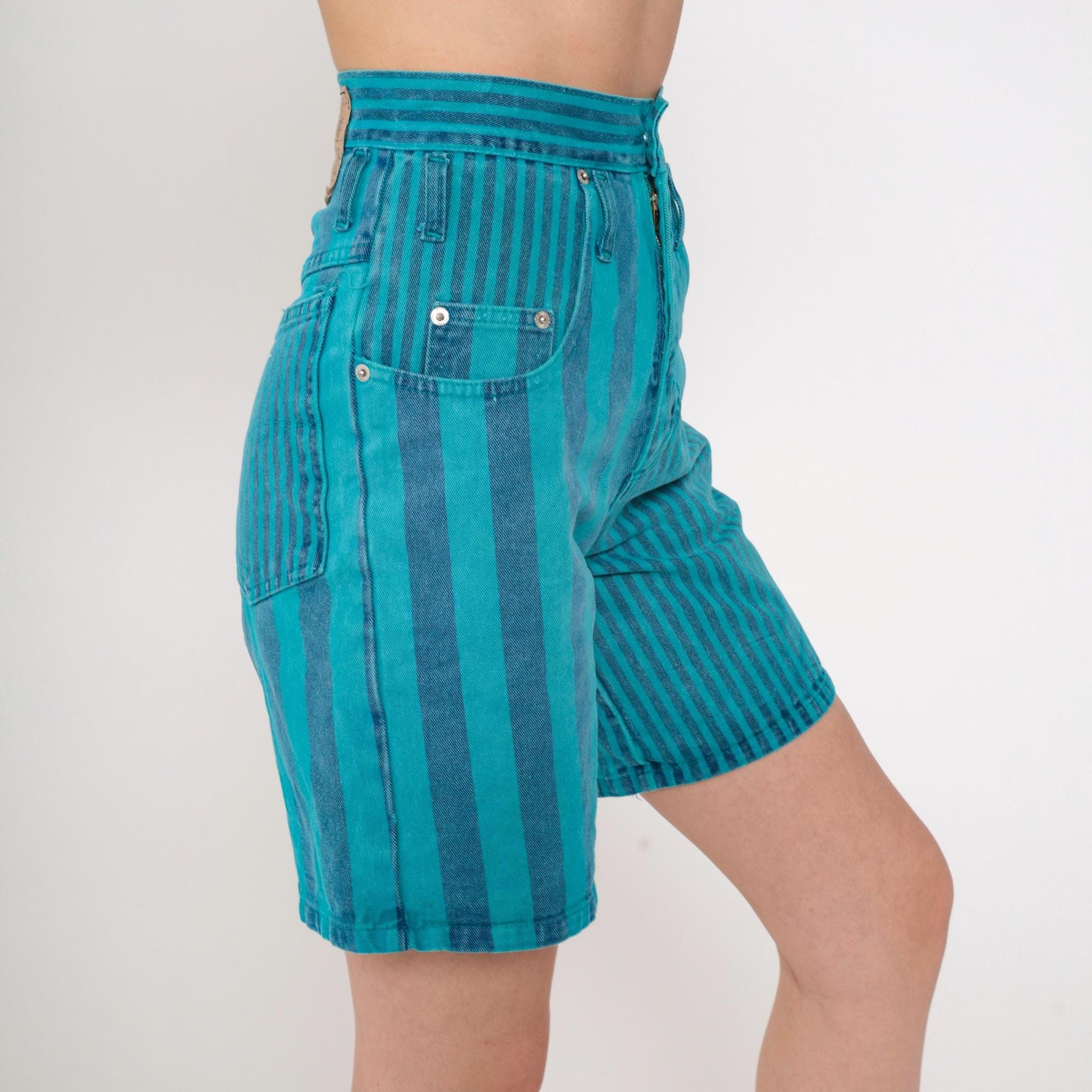 90s Swagger Jeans Striped Denim Shorts High Rise Turquoise Blue Extra Small