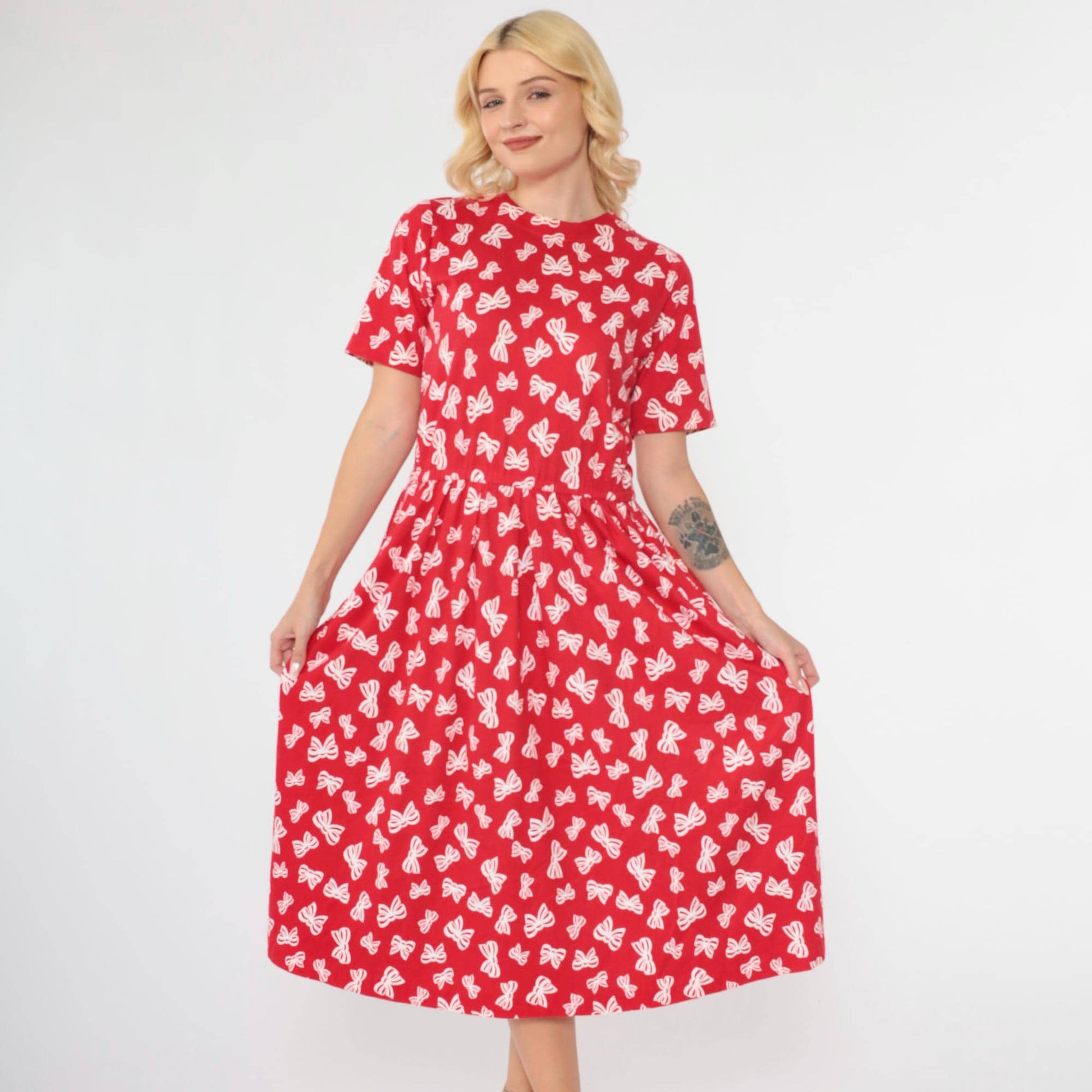 90s Talbots Red Bow Print Midi Dress Pleated Button Back Small