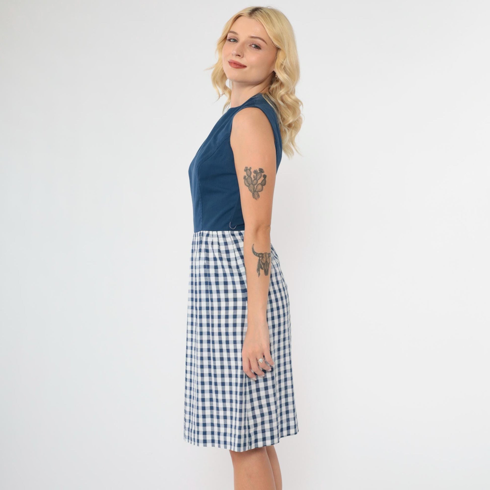 1960s Gingham Mini Dress Dark Blue High Waist Sleeveless Pleated Extra Small