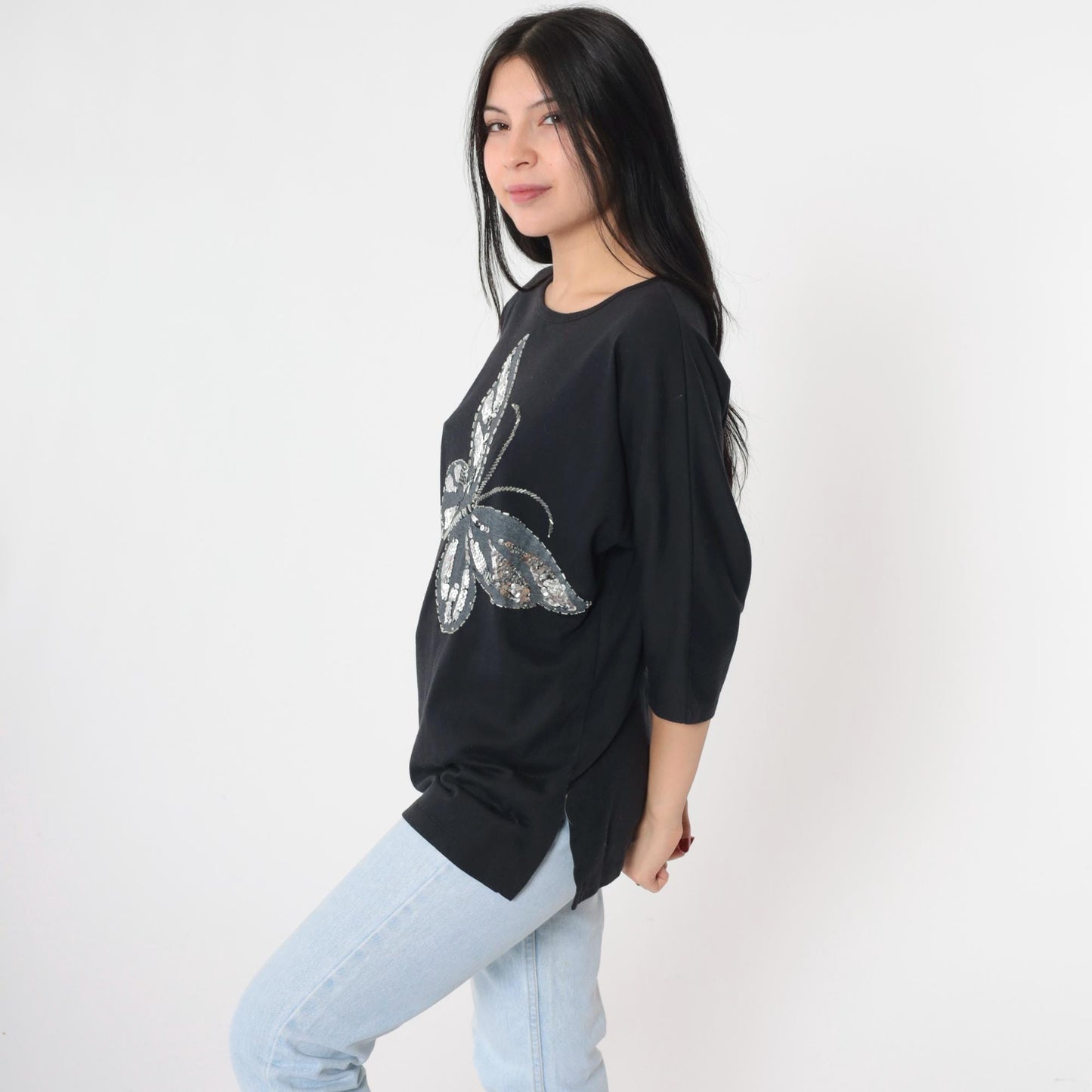 80s Sequin Butterfly T-Shirt Silver Beaded Graphic 3/4 Sleeve Medium