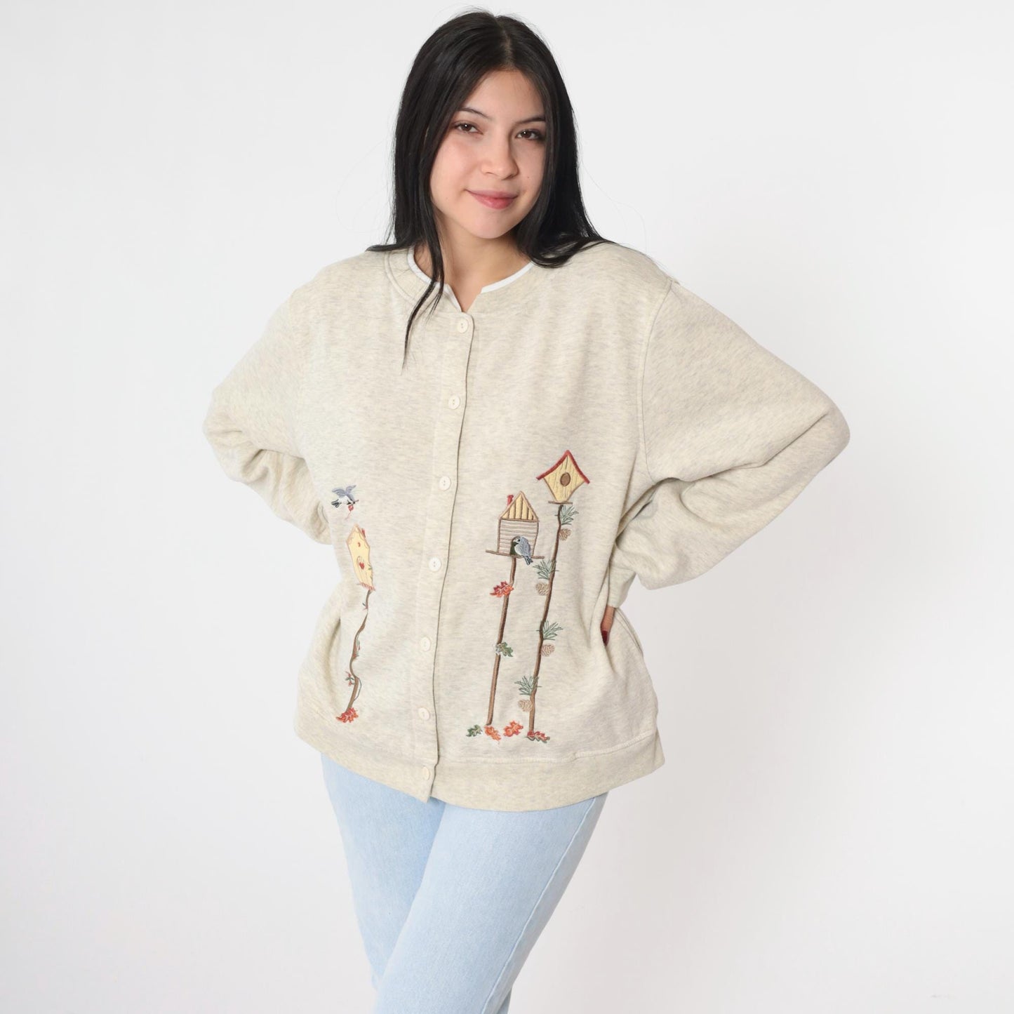 90s BonWorth Birdhouse Cardigan Sweatshirt Cream Embroidered Birds Medium