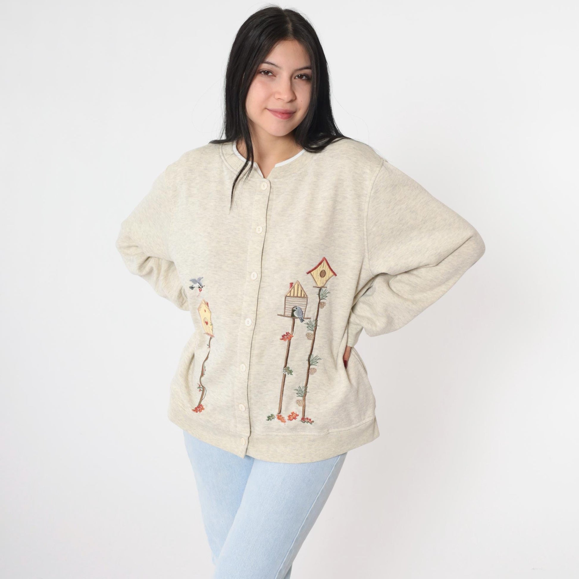 90s BonWorth Birdhouse Cardigan Sweatshirt Cream Embroidered Birds Medium