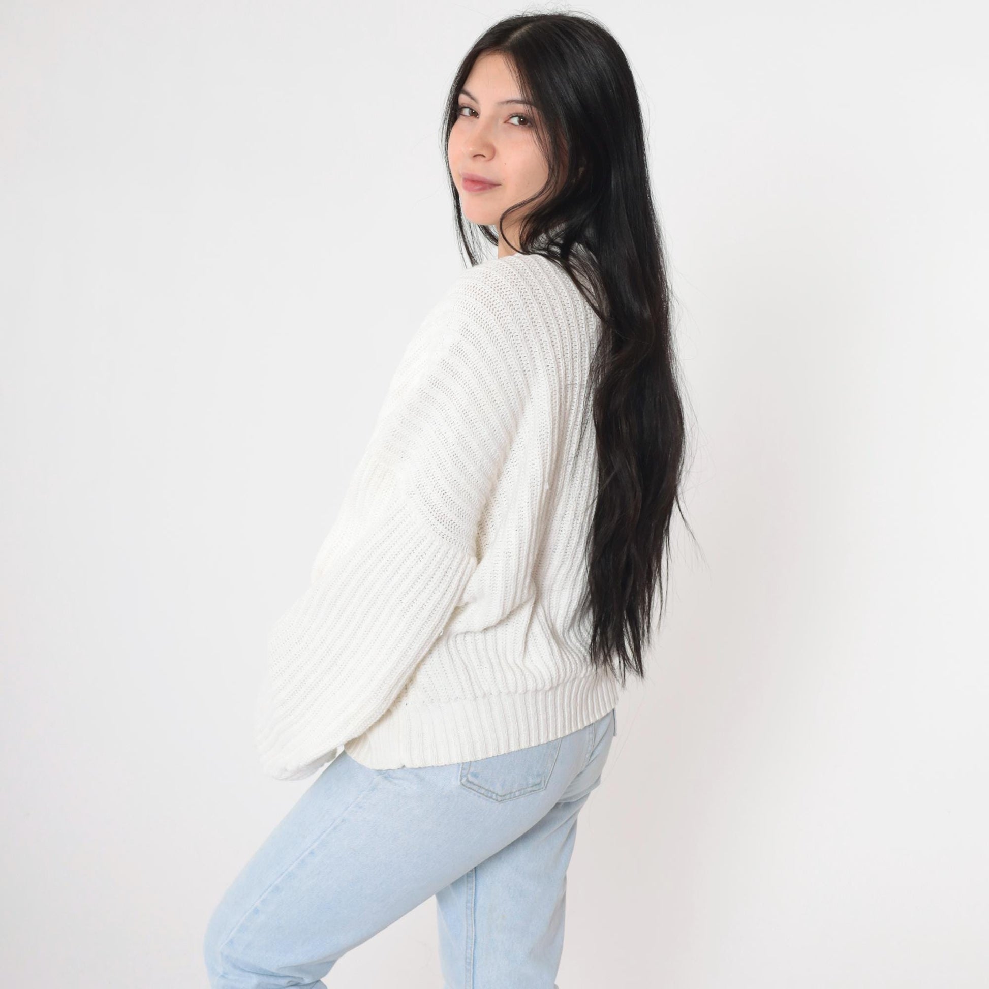 90s Structure White Ramie Cotton Roll Neck Sweater Ribbed Knit Large L