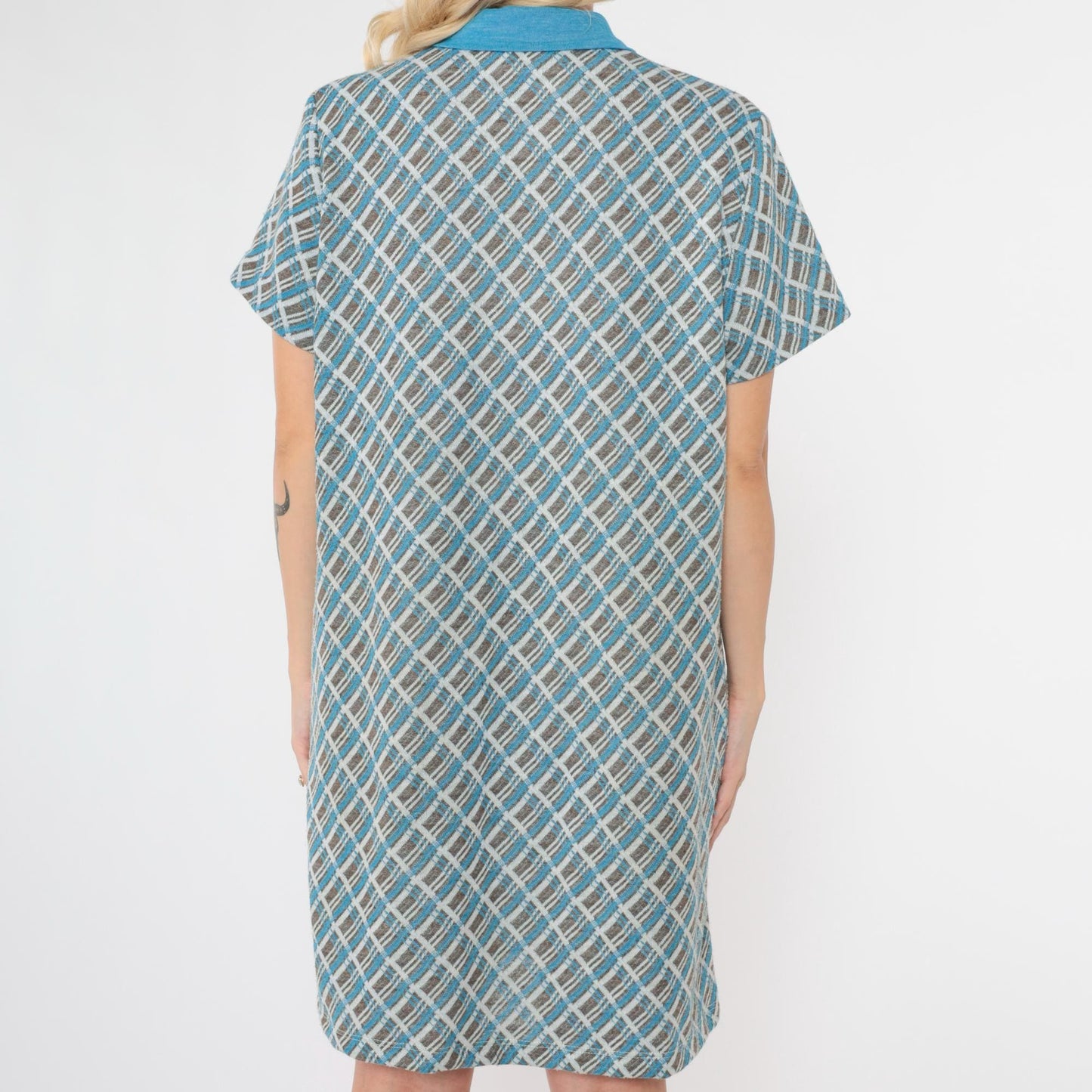 70s Plaid Shift Dress Mini Blue Brown Checkered Front Zip Collar Extra Large