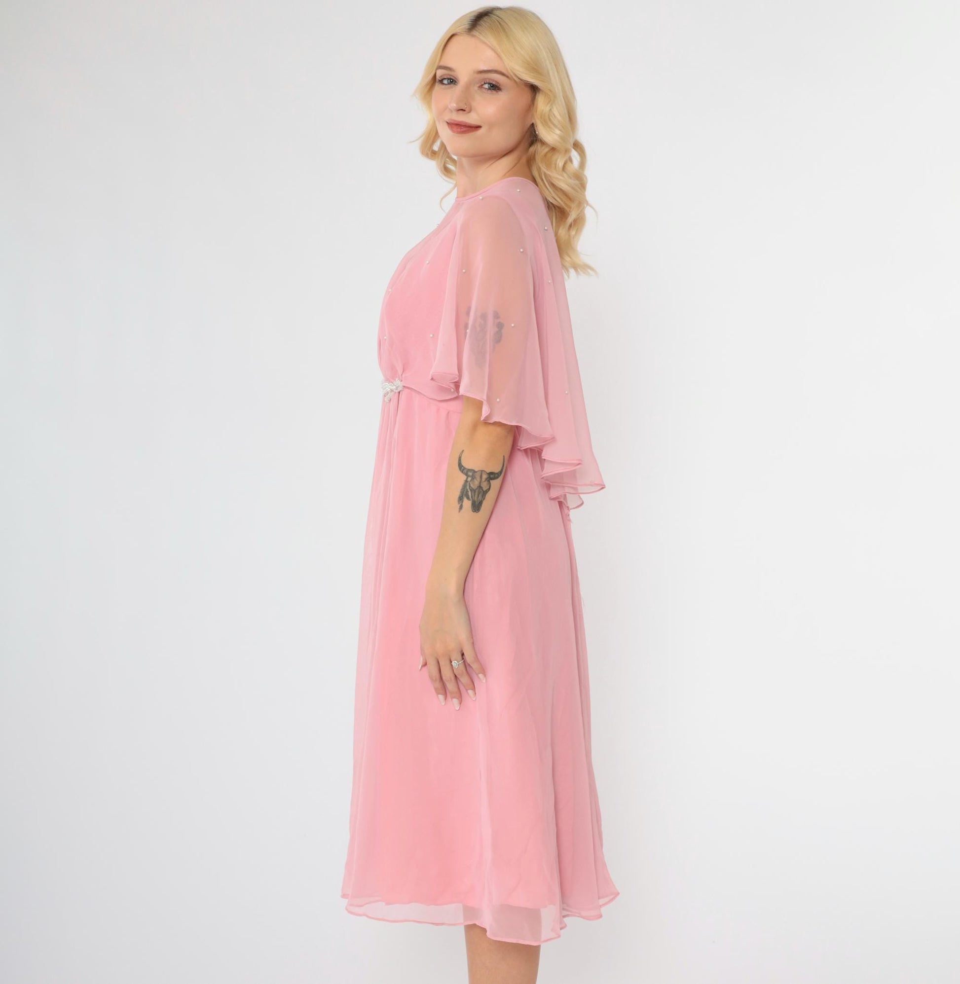 70s Pink Chiffon Midi Dress Pearl Beaded Capelet Flutter Sleeve Medium