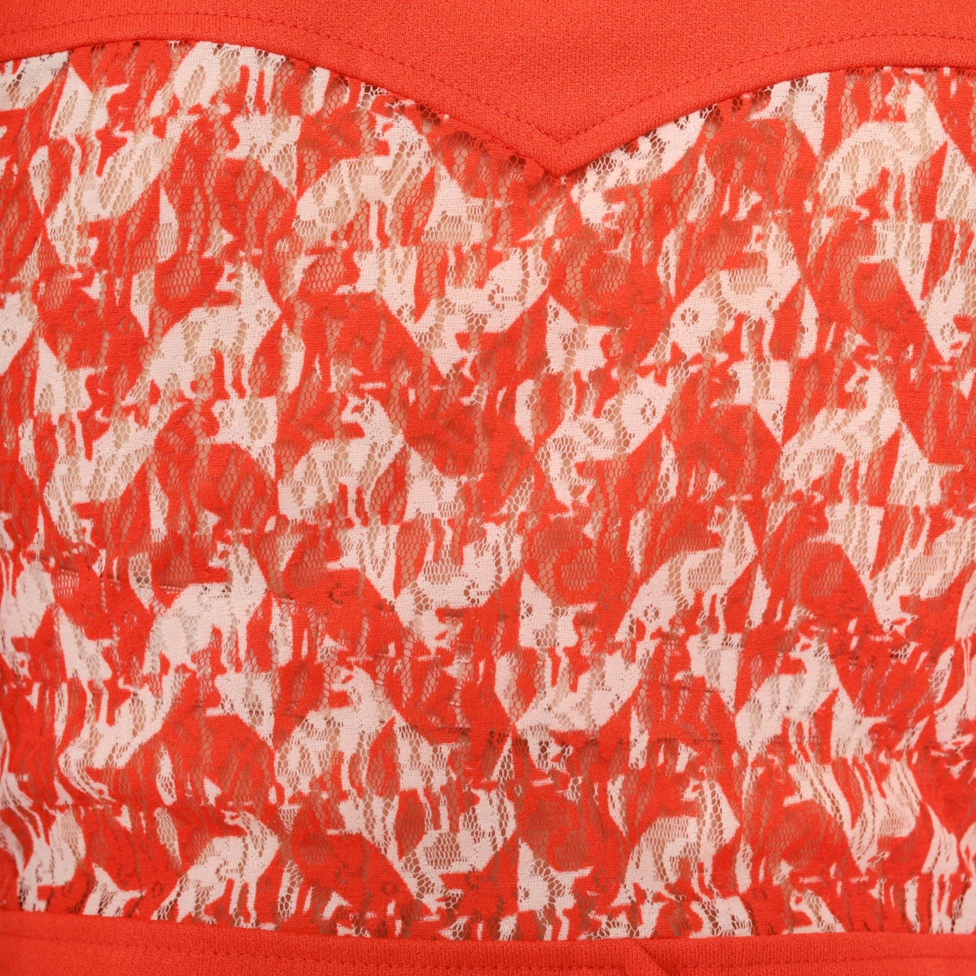 70s Mod Animal Print Mini Dress Orange Lace Collared Button-Up Small