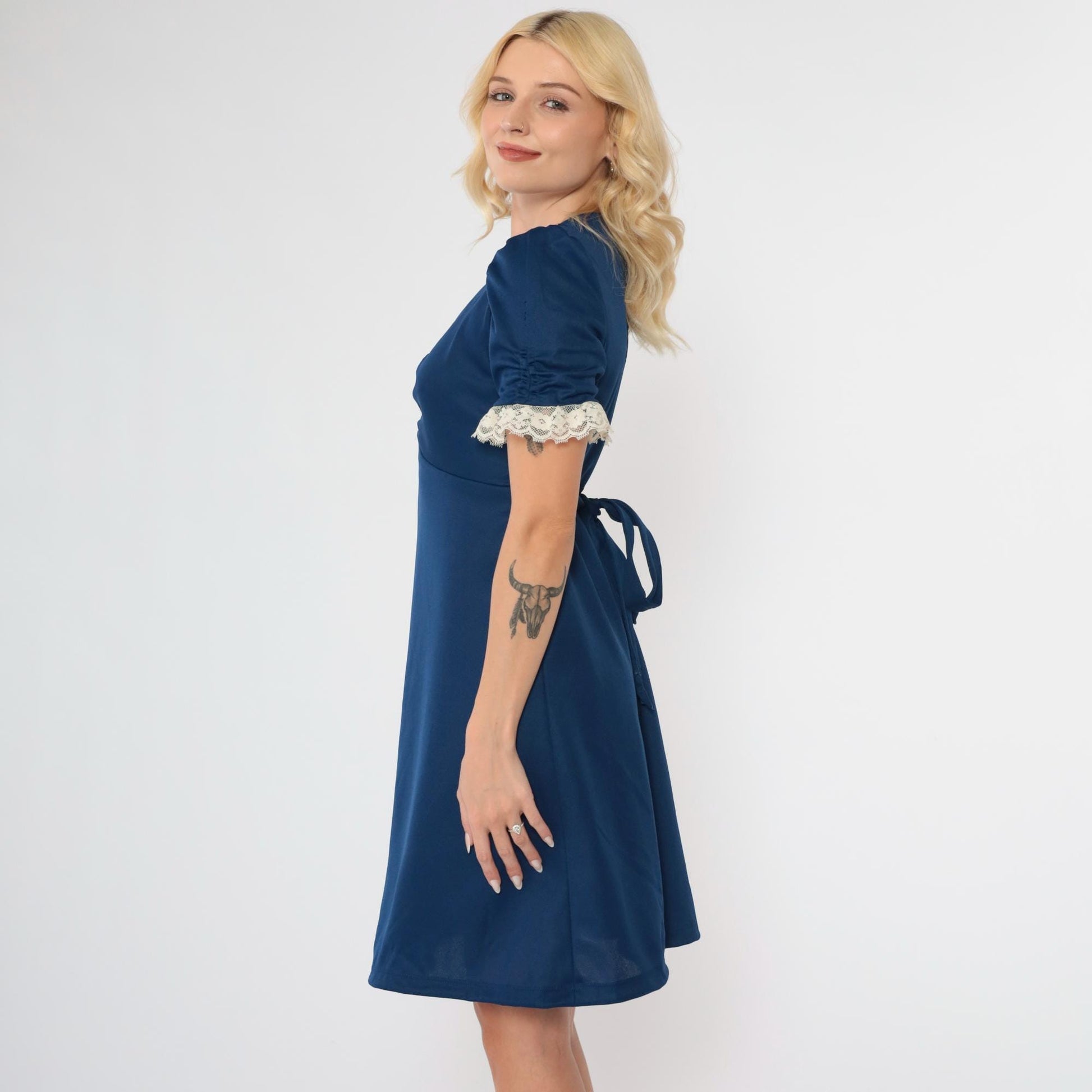 70s Navy Babydoll Mini Dress Empire Waist Puff Sleeve Lace Trim Medium