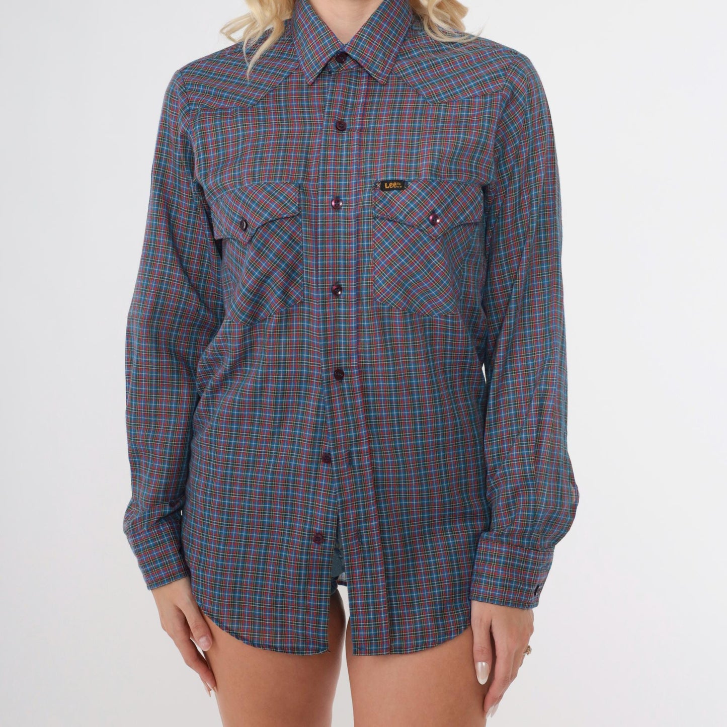 80s Lee Plaid Button-Up Shirt Blue Red Checkered Long Sleeve Small