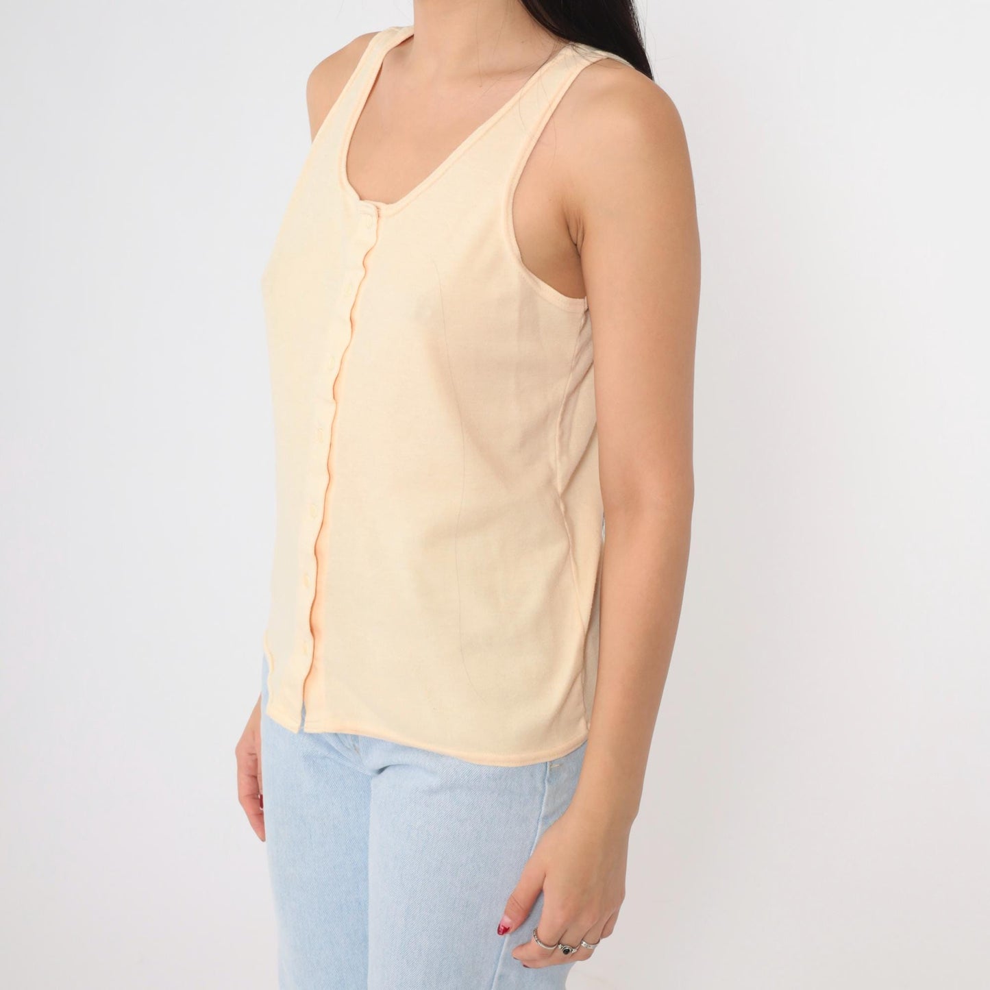 90s Peach Snap Button Tank Top Scoop Neck Sleeveless Blouse Medium