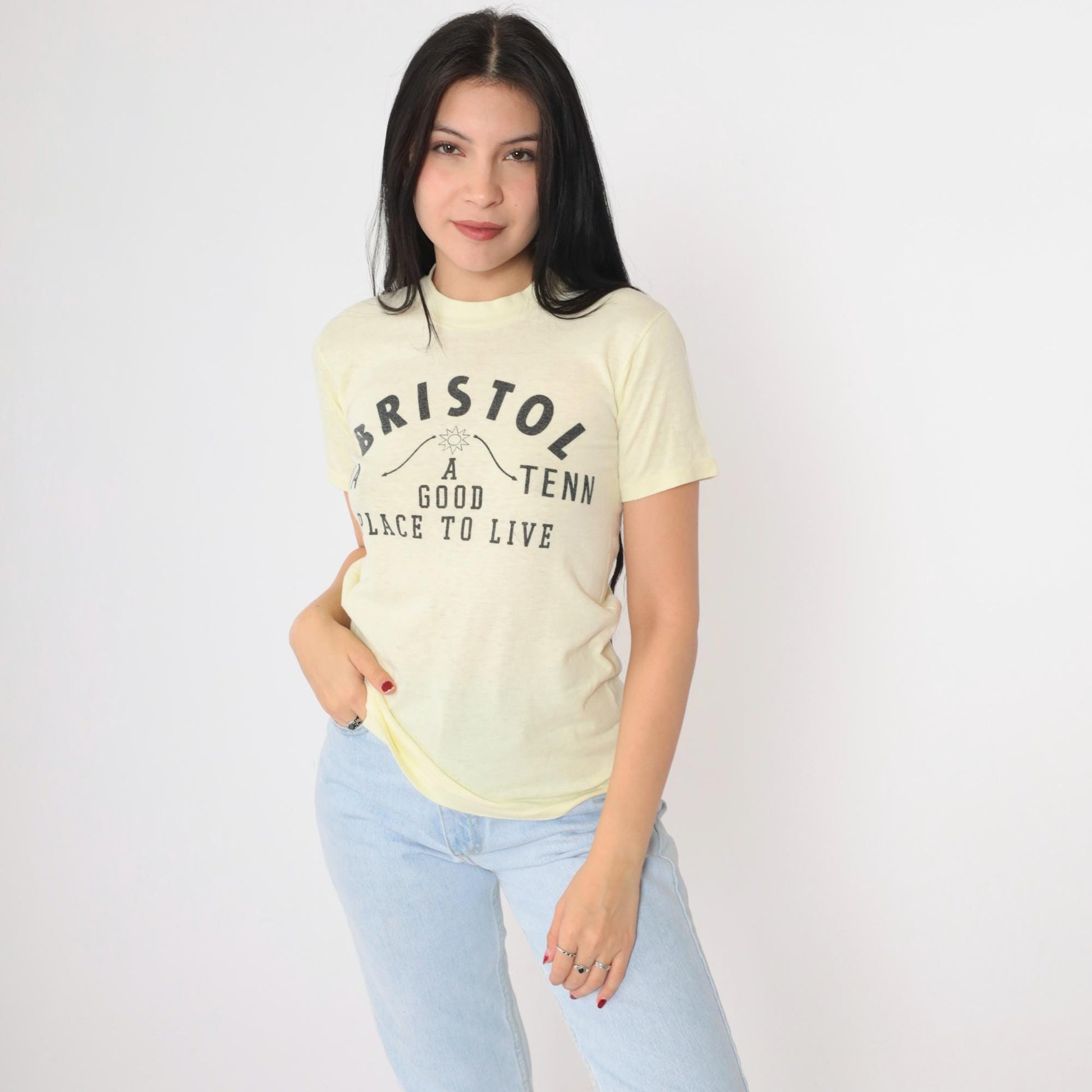 80s Bristol Virginia Tennessee A Good Place to Live Graphic Tee Yellow Extra Small