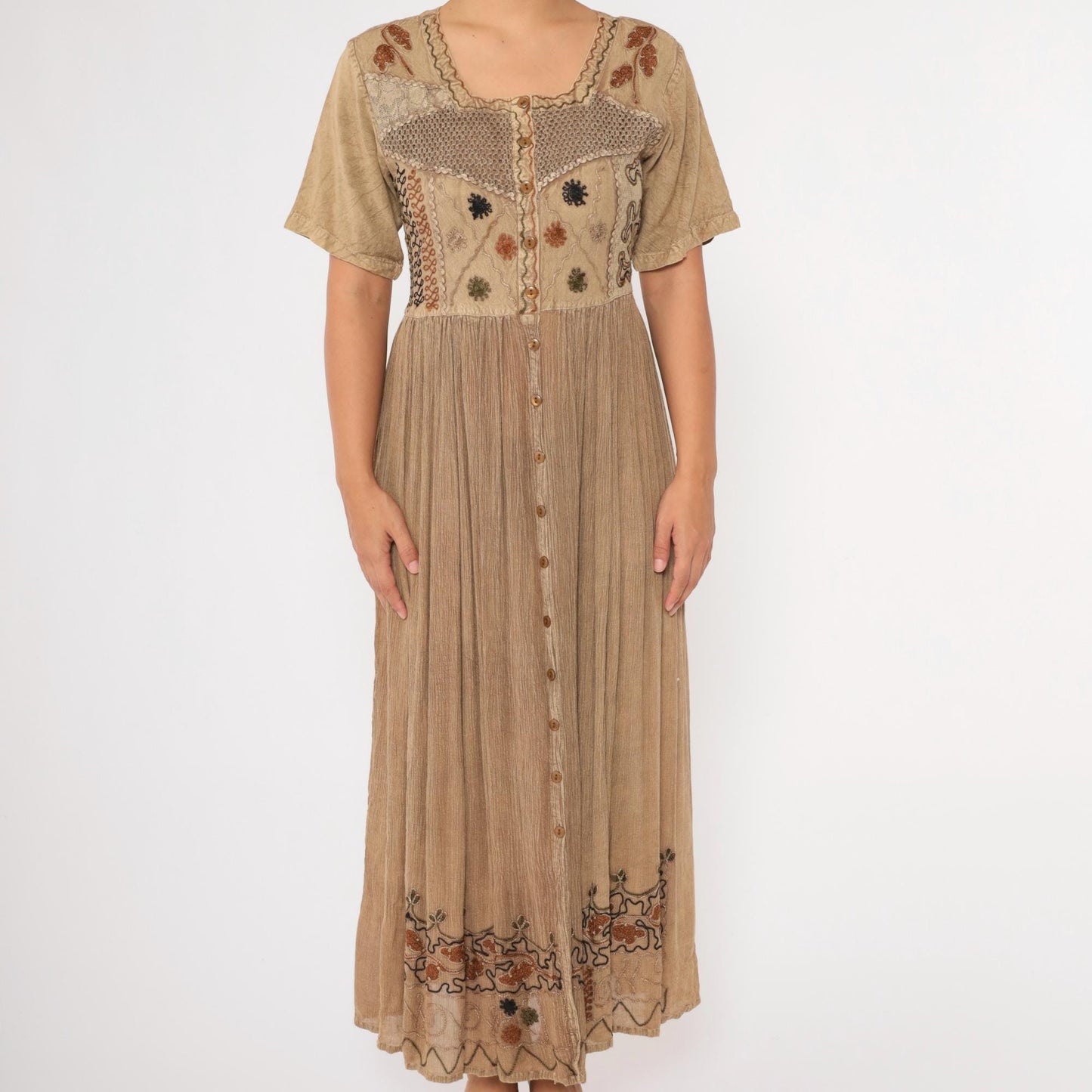 00s M.P.H. Embroidered Floral Maxi Dress Tan Button-Up Crochet Small S