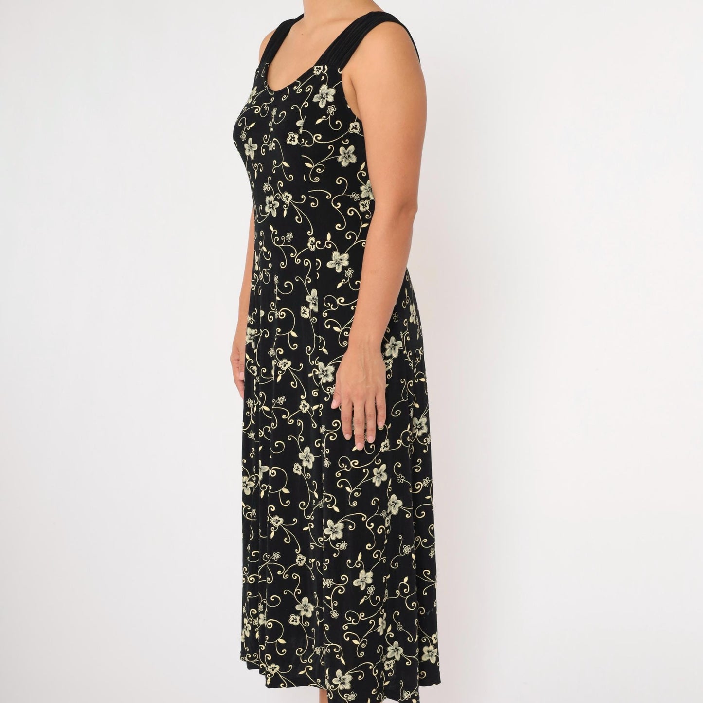 90s Black Floral Maxi Dress Sleeveless Scoop Neck Yellow Print Large