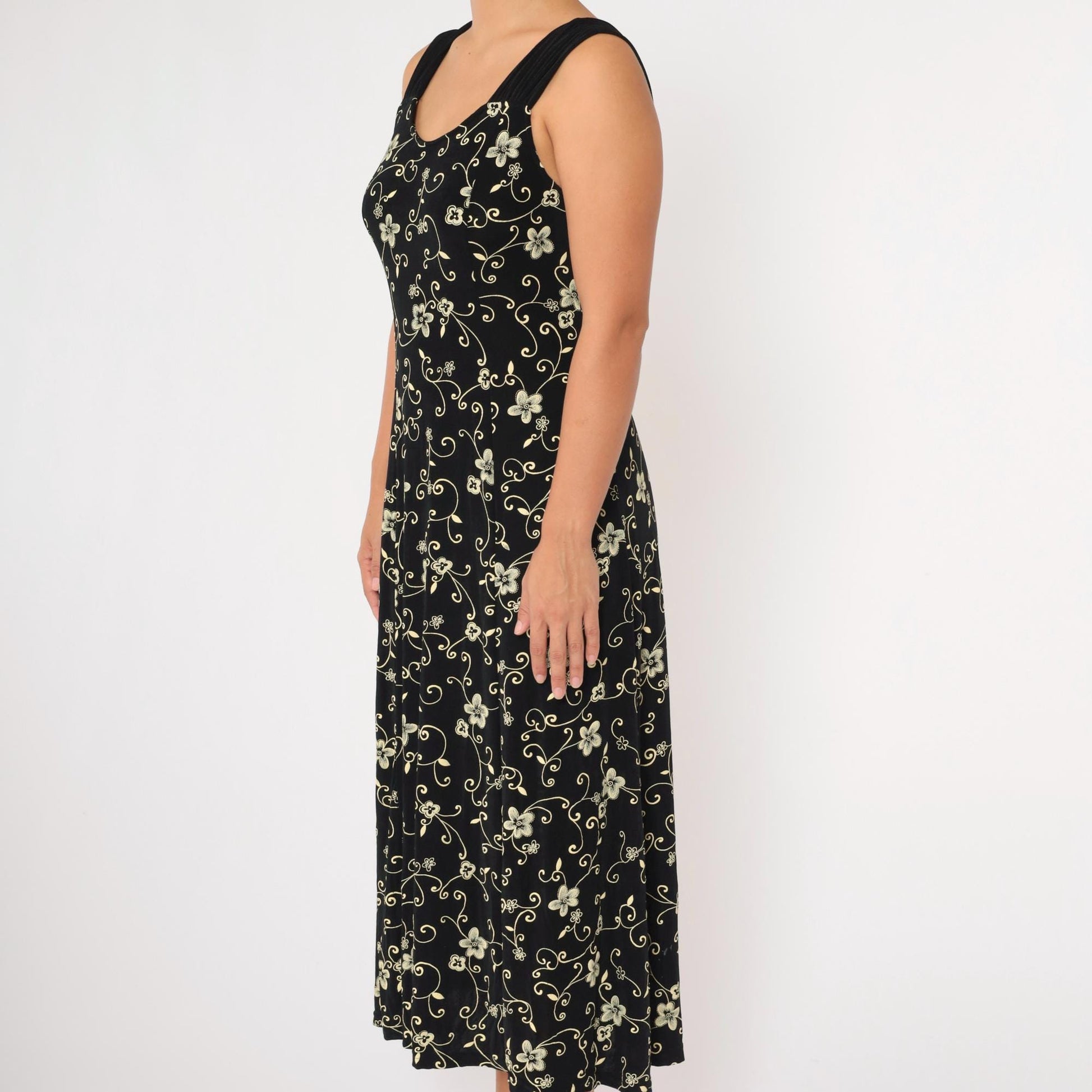 90s Black Floral Maxi Dress Sleeveless Scoop Neck Yellow Print Large