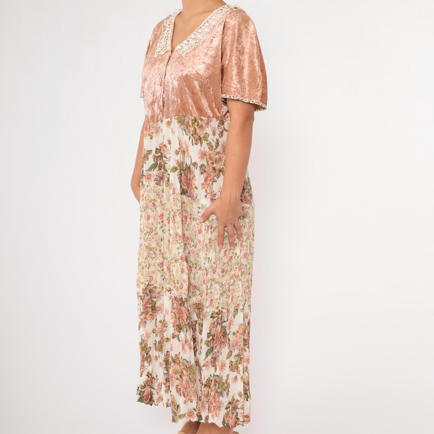 90s Velvet Gauze Tiered Floral Maxi Dress Blush Pink Lace Trim Large L