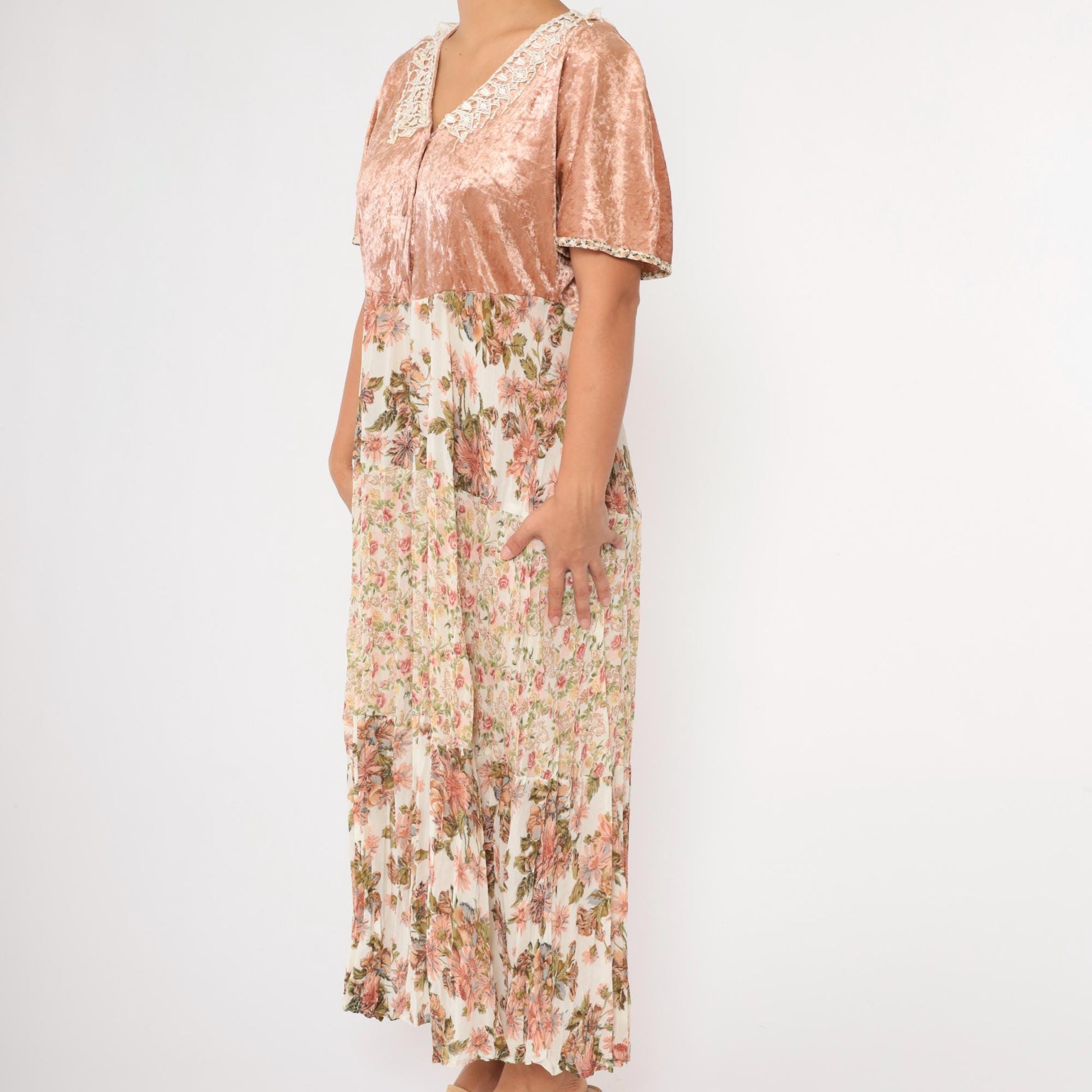 90s Velvet Gauze Tiered Floral Maxi Dress Blush Pink Lace Trim Large L