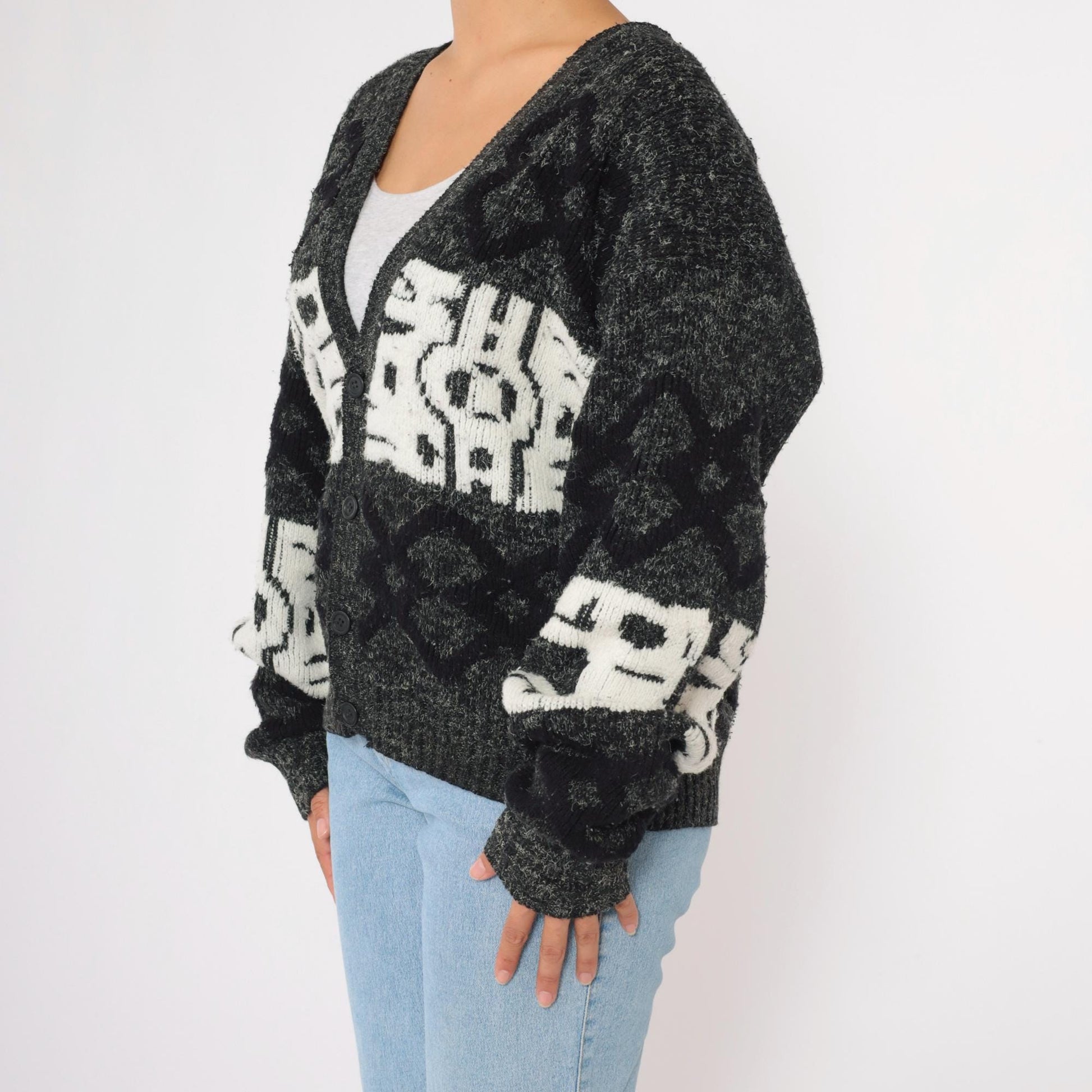 90s J.J. Blu Geometric Cardigan Grey Knit Abstract Button-Up Small