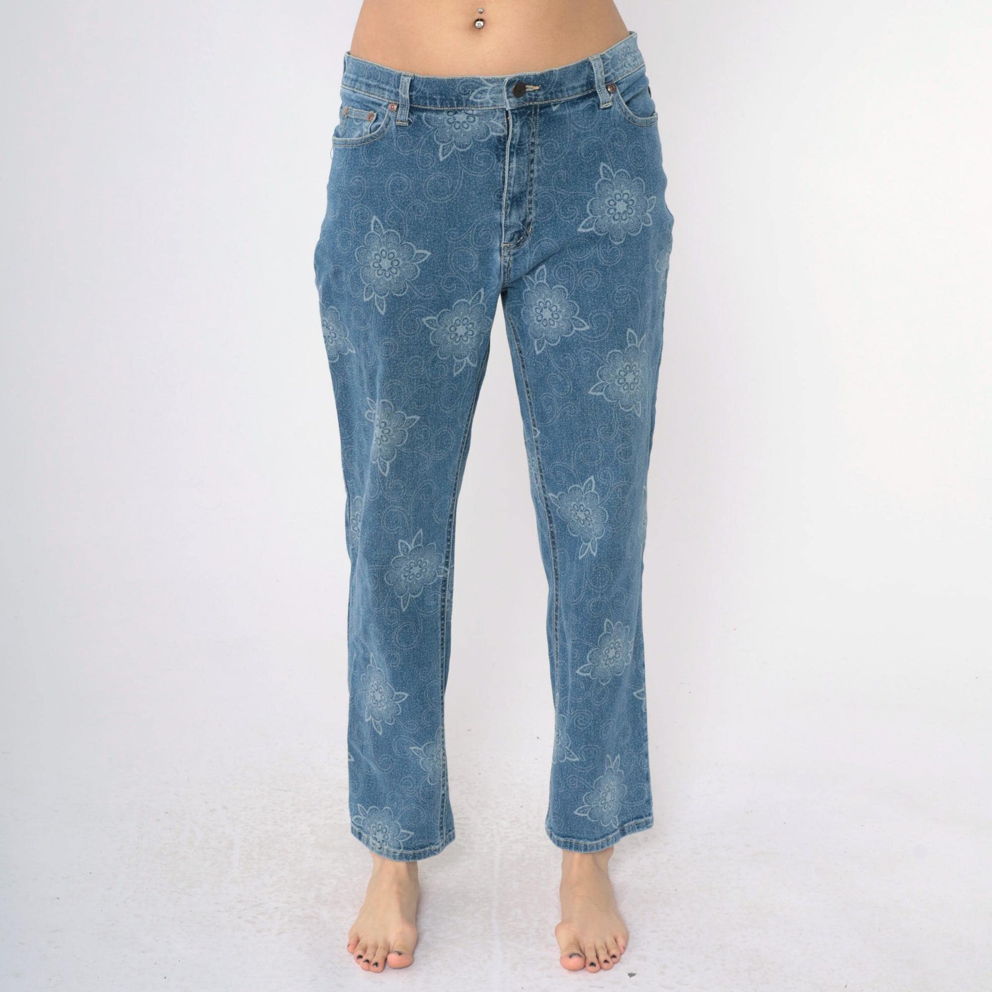 Y2K High Sierra Floral Blue Jeans Straight Leg High Rise 00s Large 14