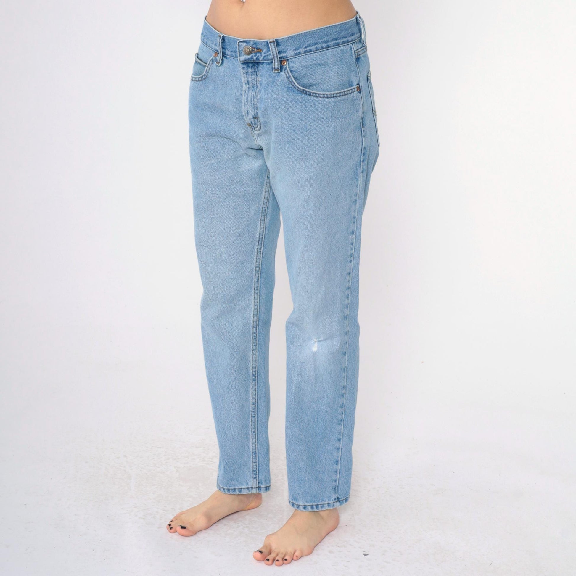 90s Lee Jeans Men's 33x30 High Waist Straight Leg Knee Rip Blue Denim
