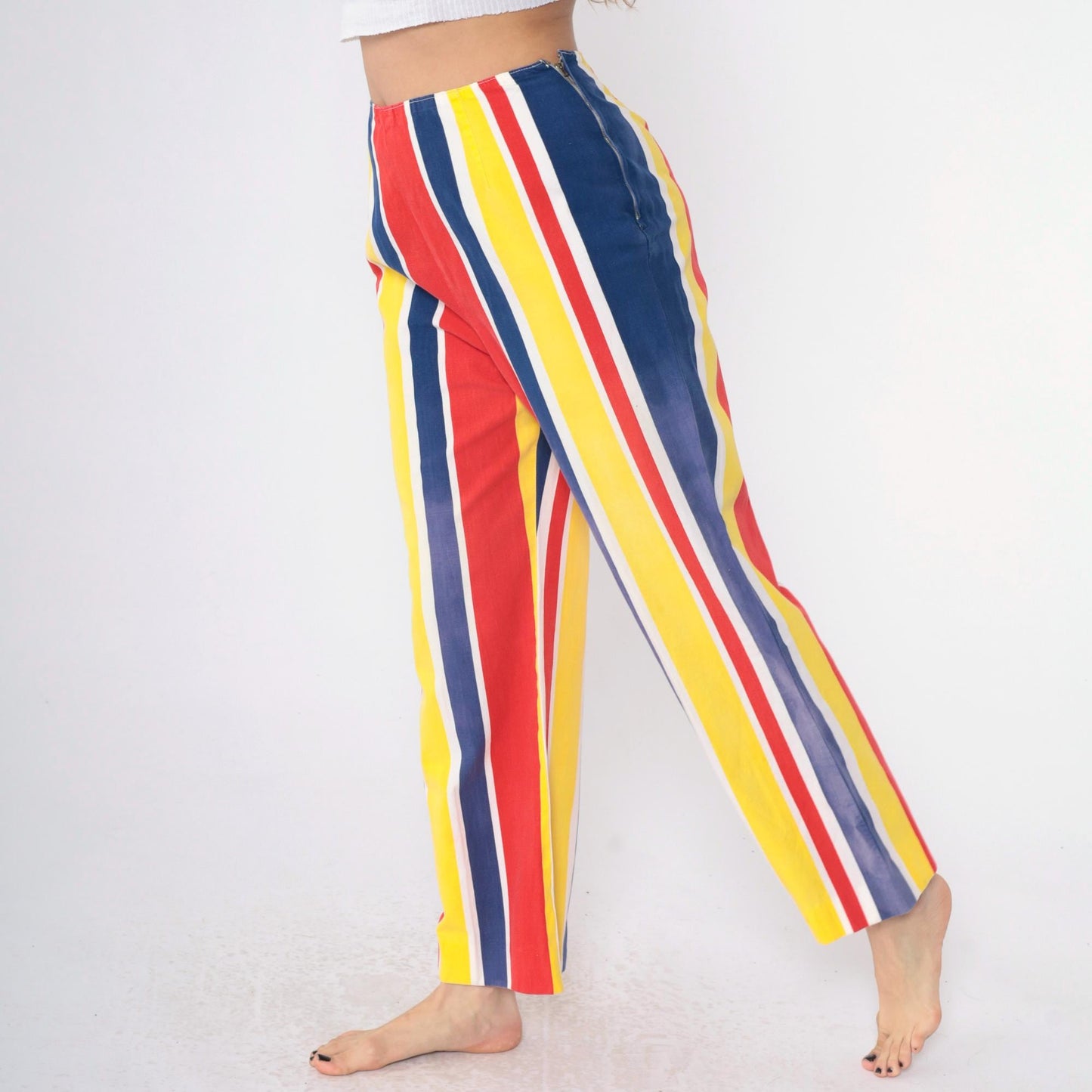 1960s Striped Bell Bottom Pants High Waist Yellow Red Blue Medium