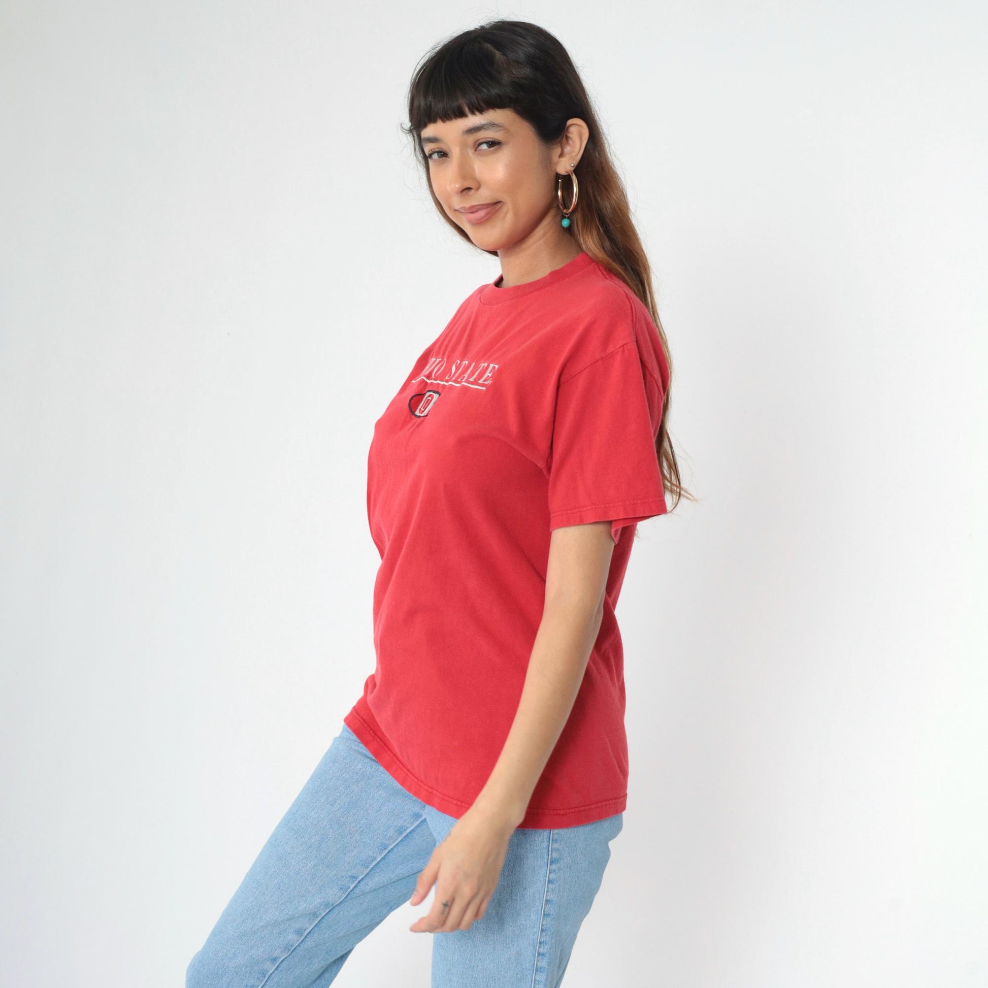 90s Ohio State Buckeyes Football Embroidered T-Shirt Red Medium