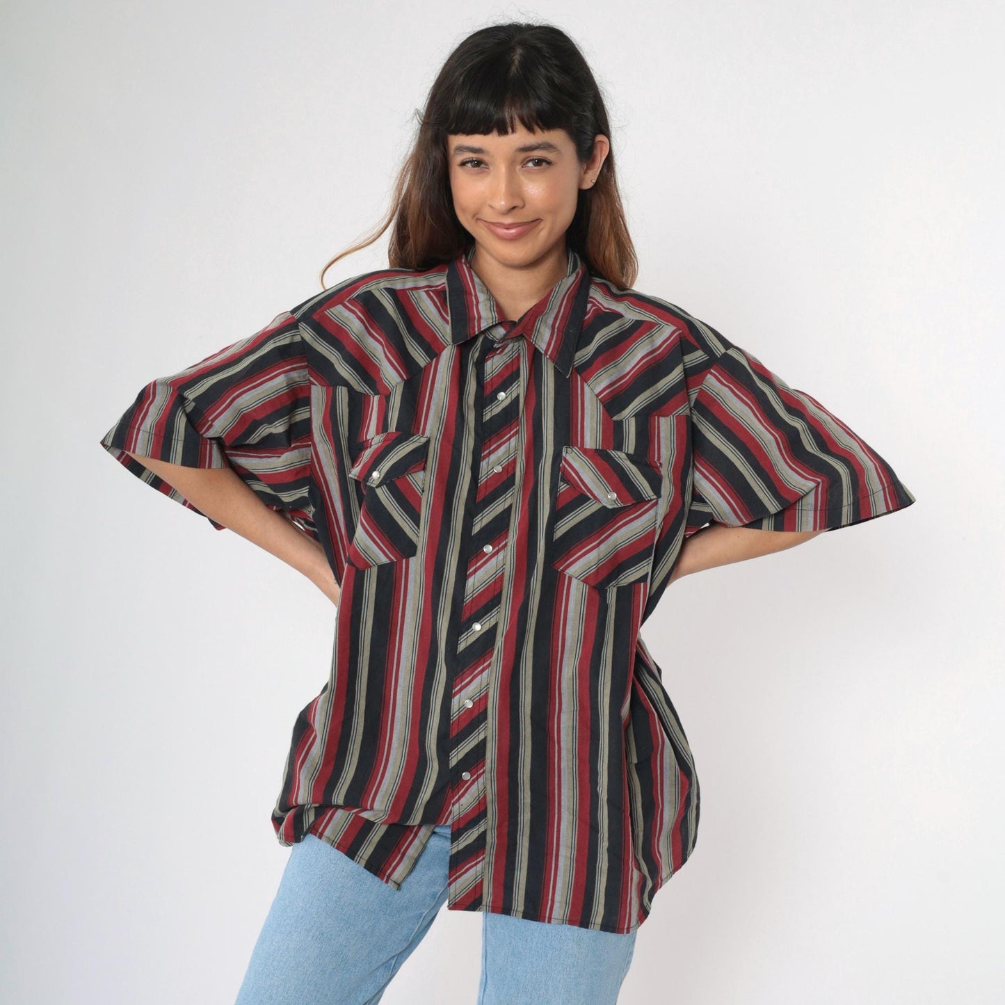 90s Rustler by Wrangler Western Shirt Pearl Snap Red Grey Black Striped Plus Size 3XL